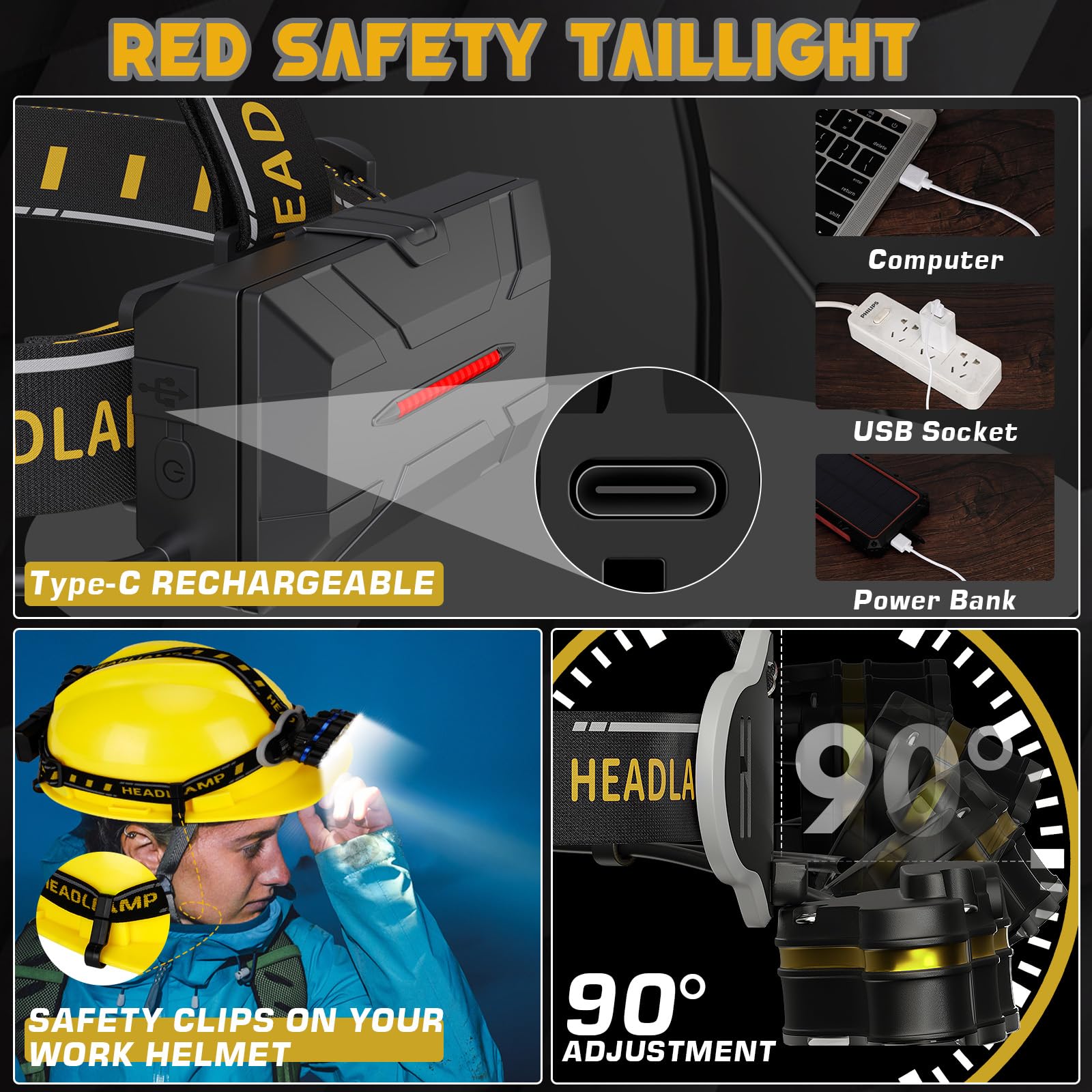 Rechargeable Headlamp 18000 Lumen - 8 LED Waterproof Head Light With Red Light & Motion Sensor