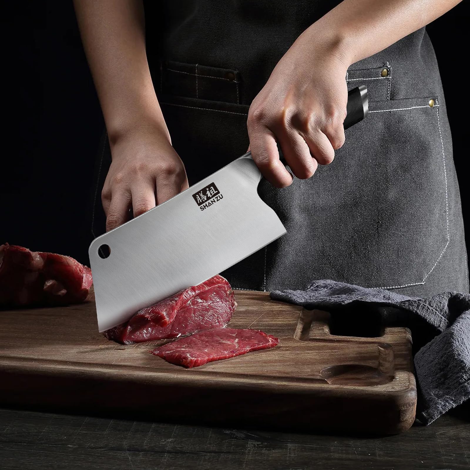 SHAN ZU Couteau de cuisine, couperet à viande avec trou de 17,8 cm, couteau de chef tranchant, hachoir à légumes japonais en acier inoxydable à haute teneur en carbone avec manche en bois de pakka
