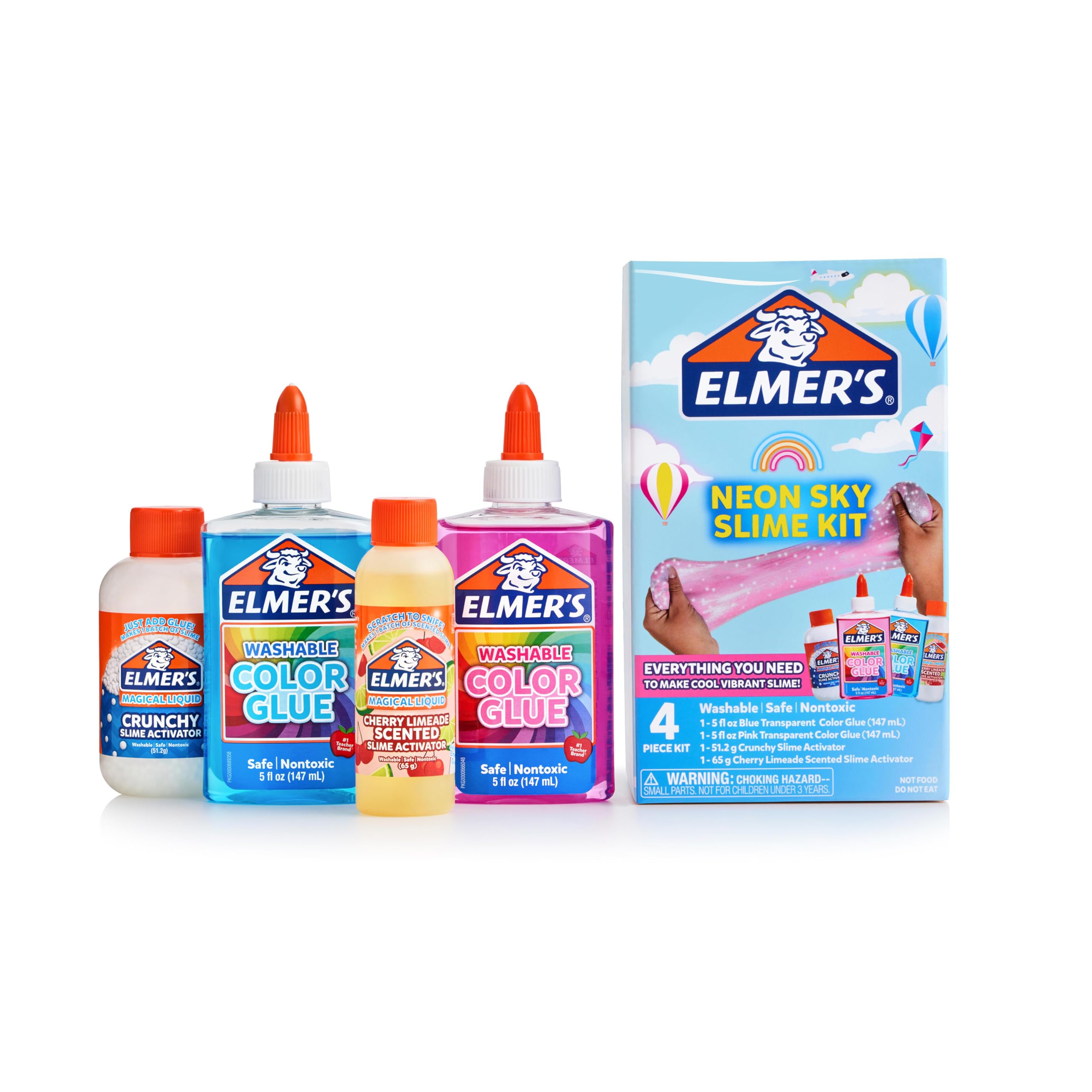 Elmer’s Neon Sky Slime Kit, Slime Supplies Include Transparent Color Liquid Glue, Crunchy Slime Activator, Cherry Limeade Slime Activator, 4 Count