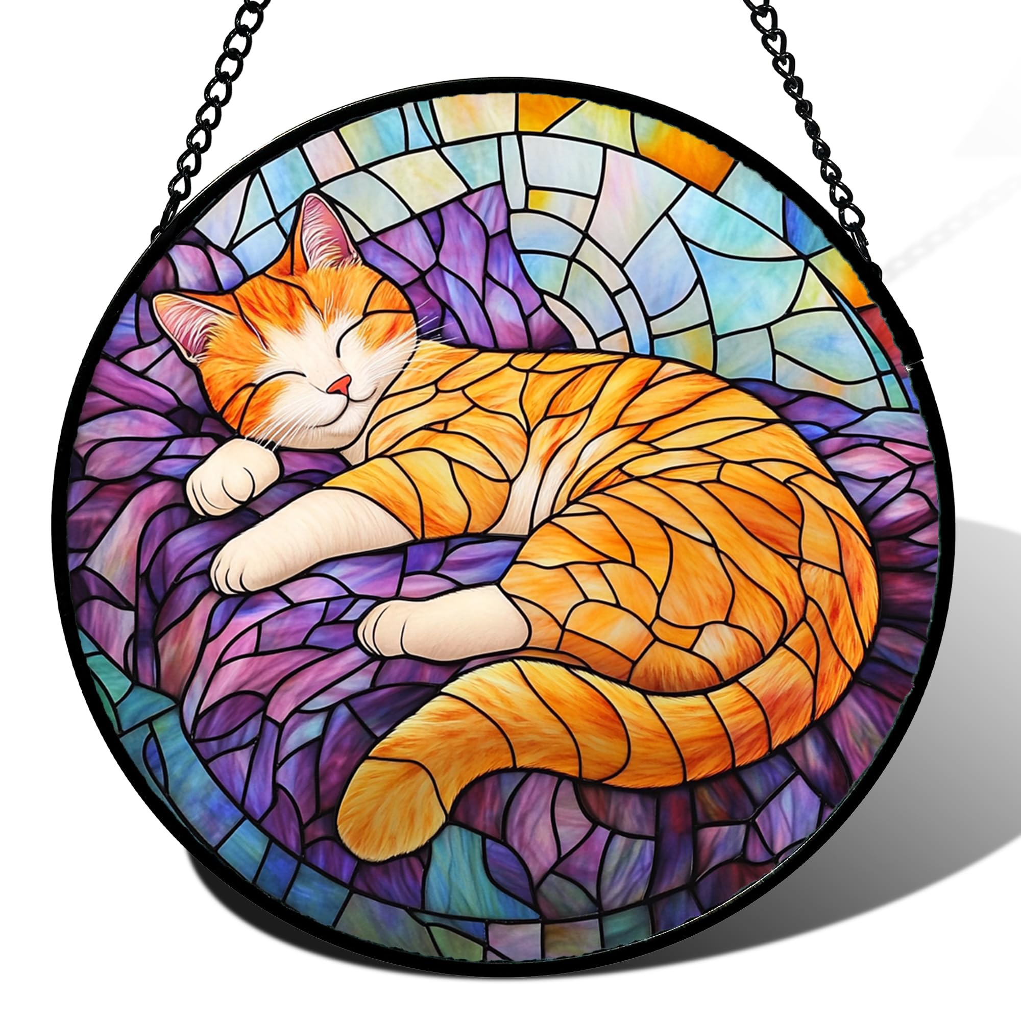 Sleeping Orange Cat Stained Glass Window Hanging Suncatcher Gifts 6.3"