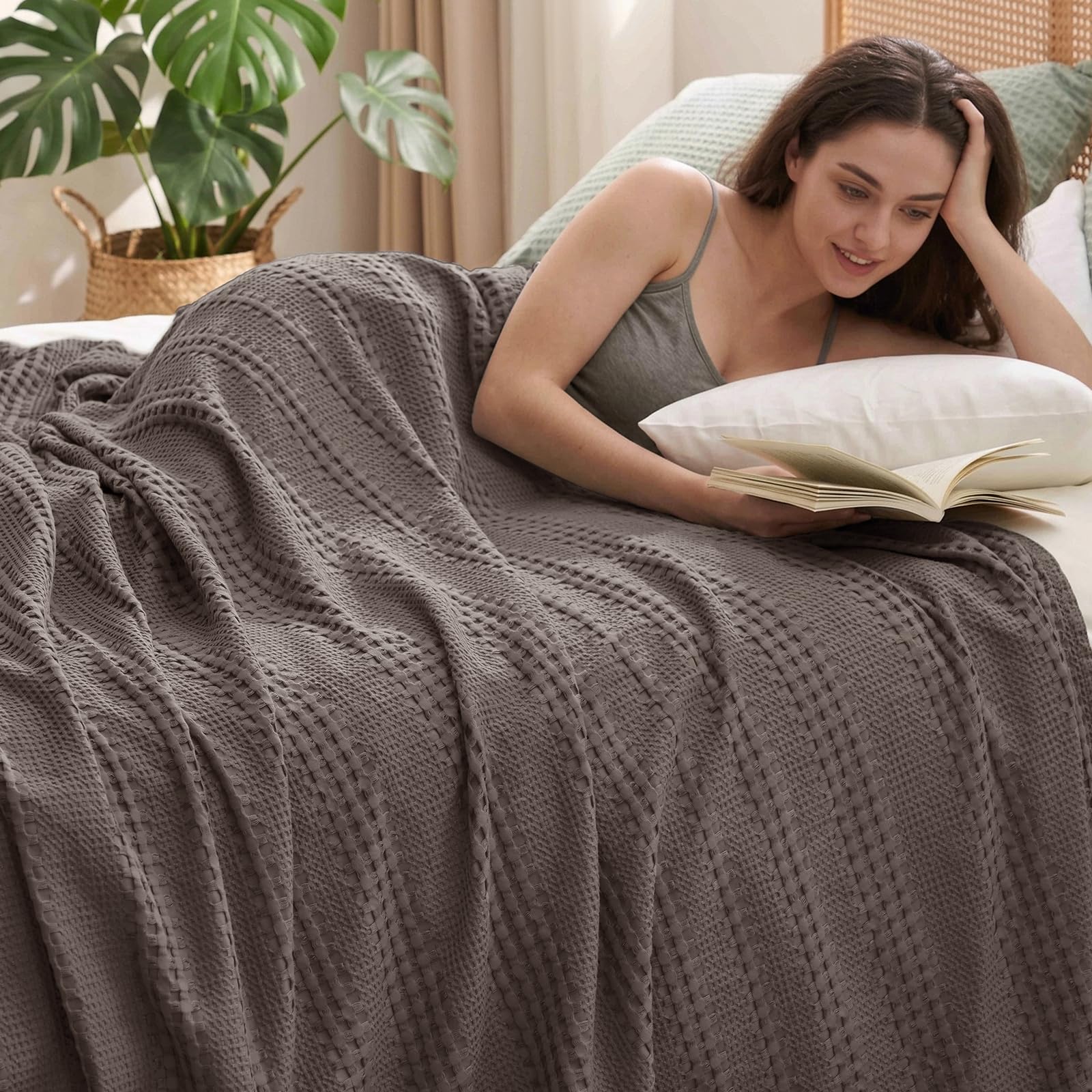 phf cooling waffle blanket queen size, lightweight 60% rayon from bamboo & 40% cotton breathable blanket for hot sleepers, spring & summer use, soft luxury for bed couch sofa, 90"x90", dark grey