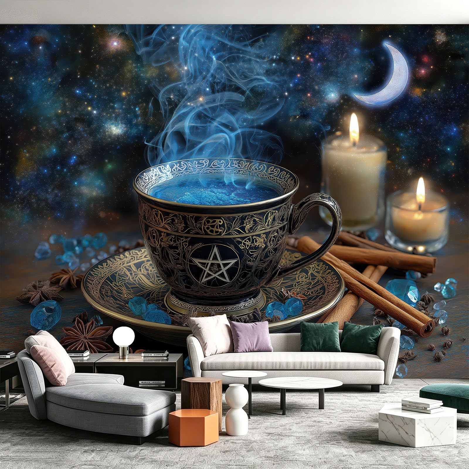 Panoramiczna tapeta z włókniny fantasy gwiaździste niebo, księżyc, 200 x 140 cm, tapeta dekoracyjna do salonu i sypialni, efekt 3D, kubek do herbaty, dym, świeca zapachowa, kamień szlachetny