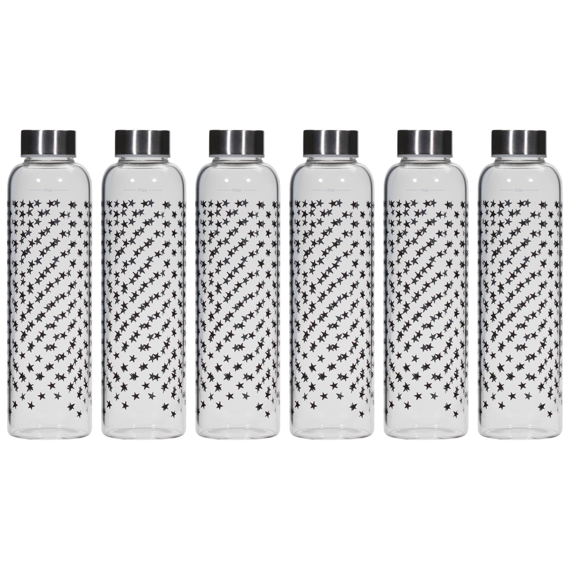 Set di 6 borracce Perseus da 500 ml con stelle nere in vetro trasparente con chiusura in metallo