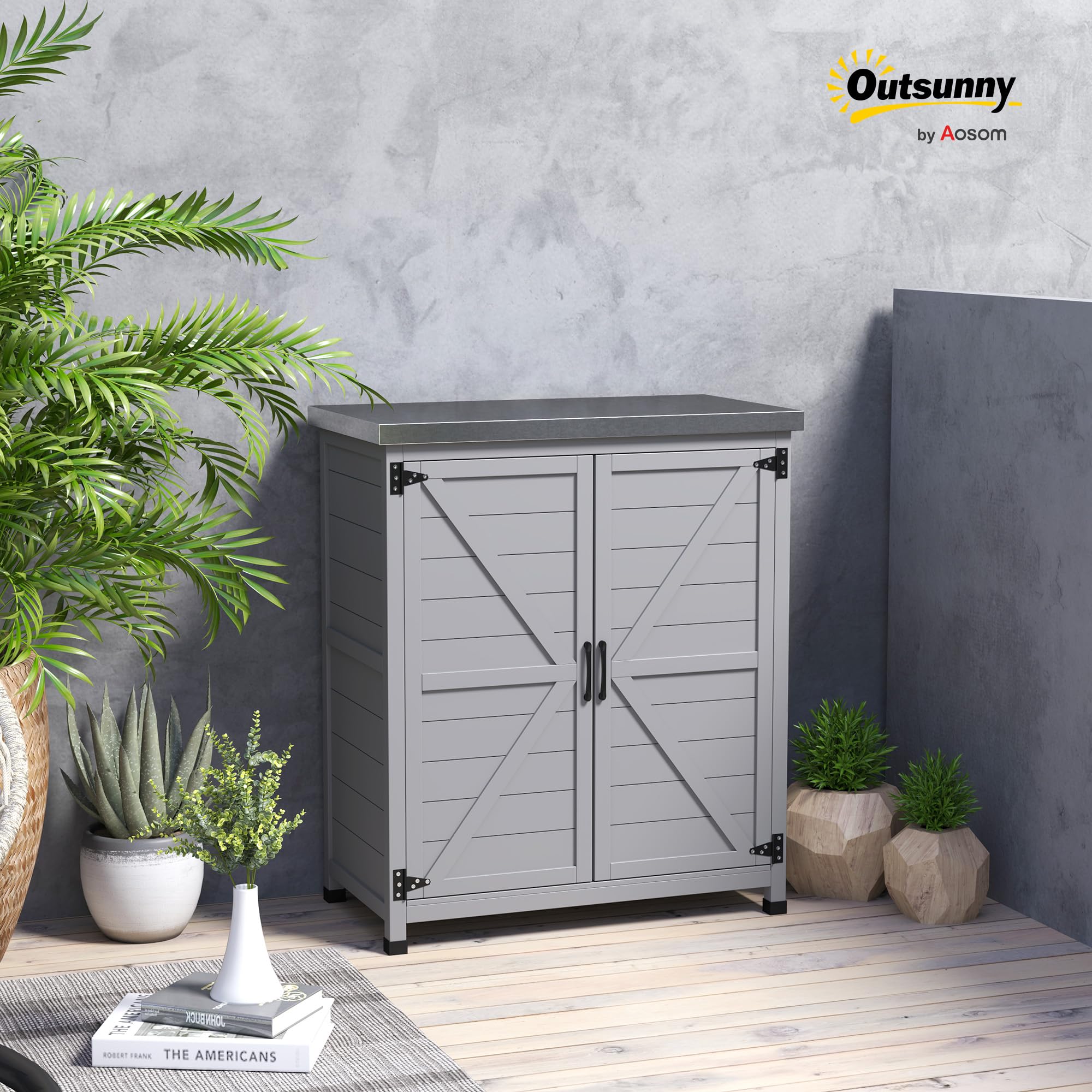 Outsunny Armoire de jardin en Bois Extérieur, armoire de rangement de Jardin, Table de Jardinage avec Plan de Travail en acier galvanisé, étagère Double Porte, pour Extérieur Intérieur 79x43x92cm gris