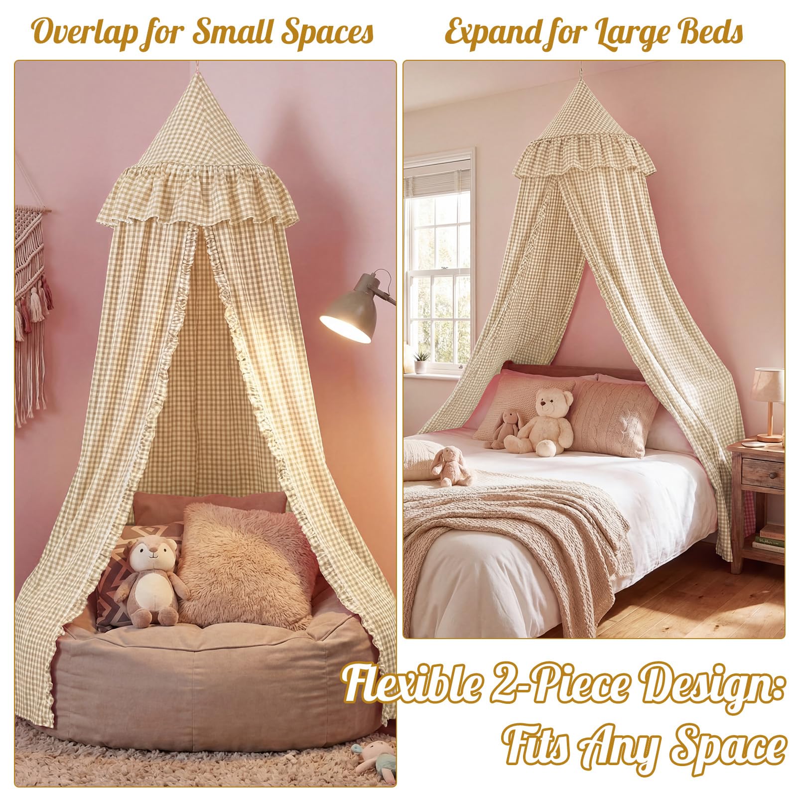 SmoothNovelty Gingham Plaid Bed Canopy with Ruffles Soft Vintage Style Decorative Tent for Reading Nook Play Area or Adult Bedroom Circus Tent Canopy(Beige) — view 5