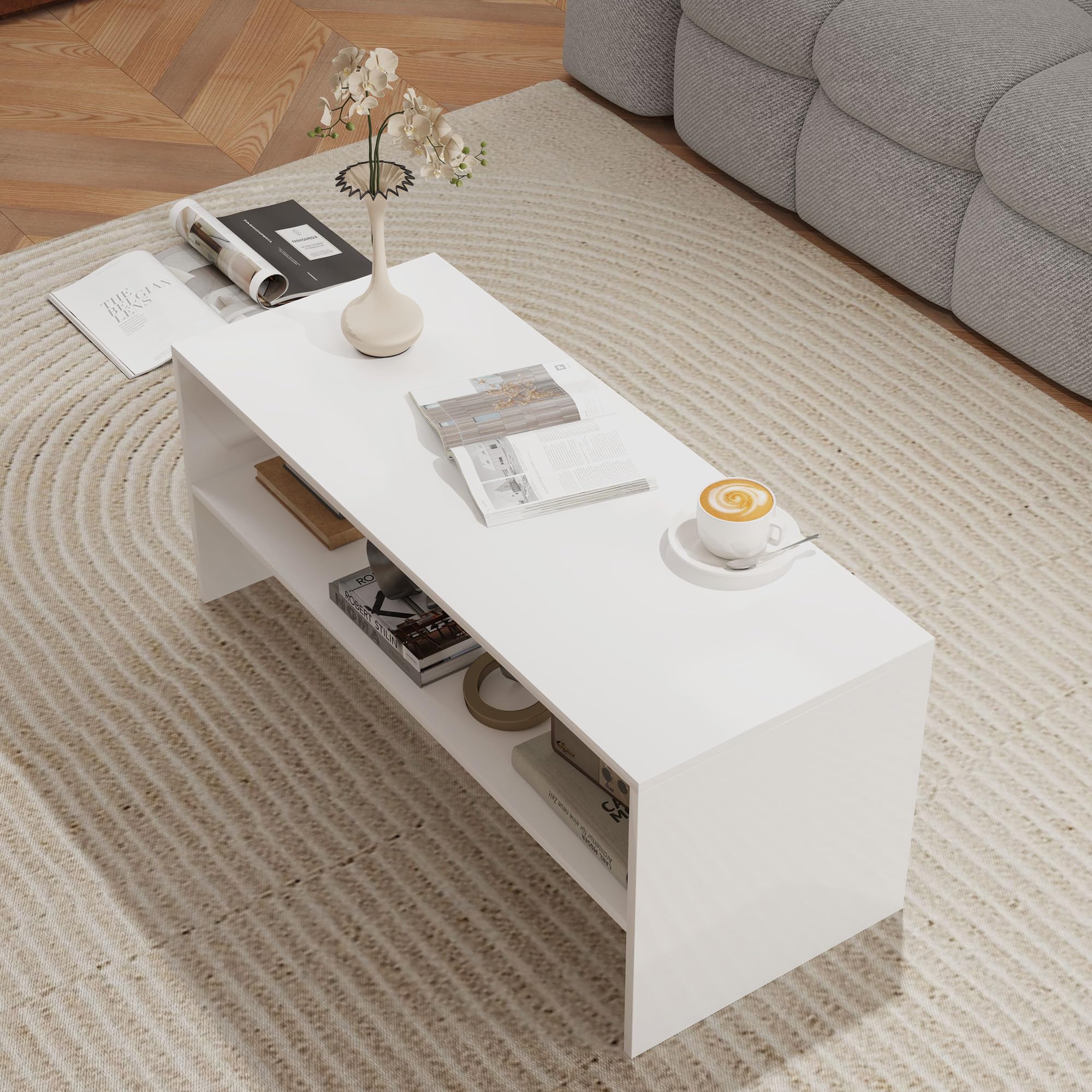 HOMCOM Mesa de Centro Mueble Auxiliar con Compartimento Abierto Mesa de Café para Salón Comedor 100x40x41,5 cm Blanco Brillante