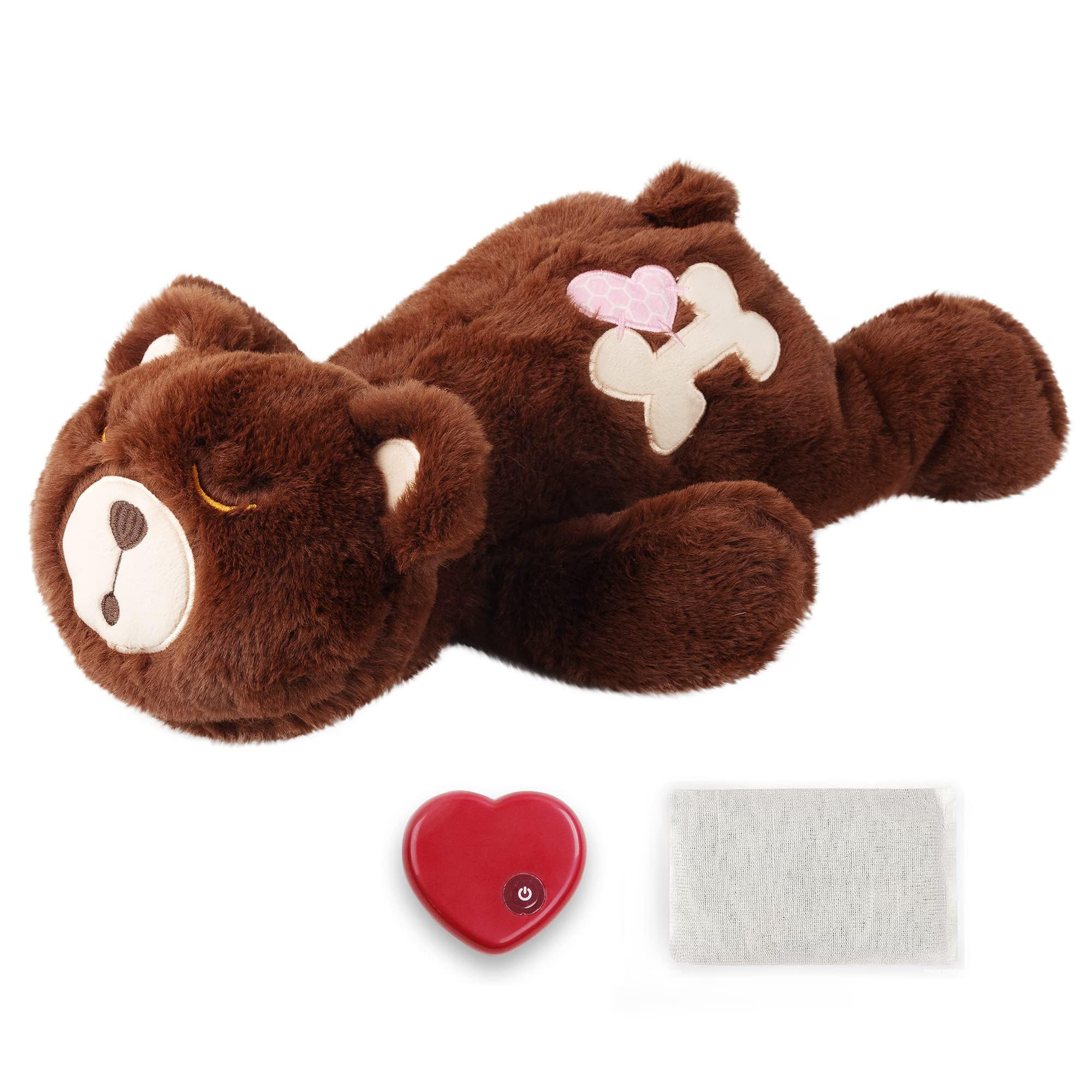 PetPrime Dog Heart Beat Puppy Plush Rabbit Toy - with Warmer Bag Pet Soft Anxiety Puppy Relief Toy Heartbeat Stuffed Animal Sleeping Buddy Anxiety Dog Toy (Brown Bear)