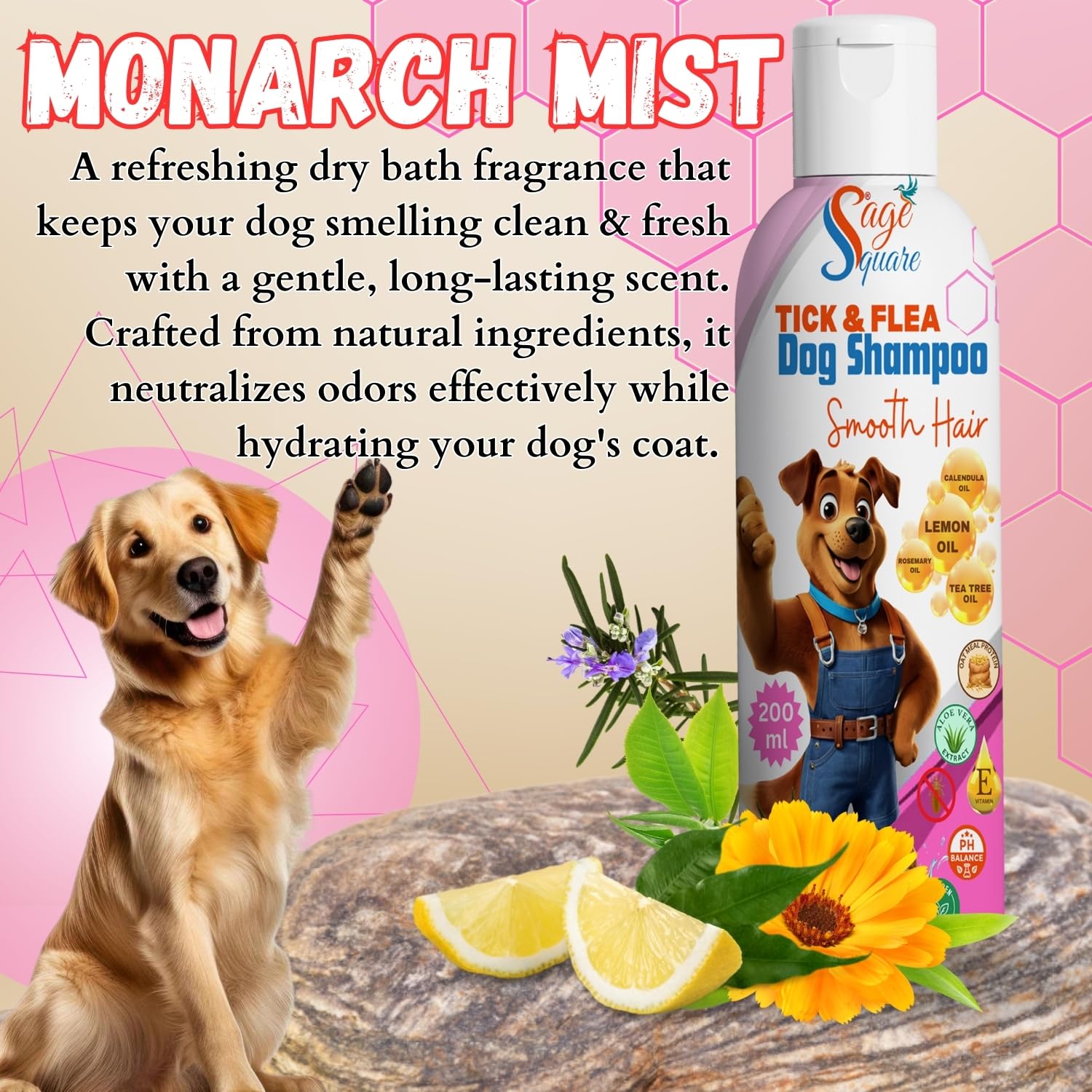 Sage Square Dog Shampoo Tick & Flea: Rid Your Dogs & Cats of Fleas, Ticks, & Other Pests, Eliminate Parasites, Soothe Skin, & Promote a Healthy Coat, Deodorizing Dog Shampoo (200ml Monarch Mist) 4