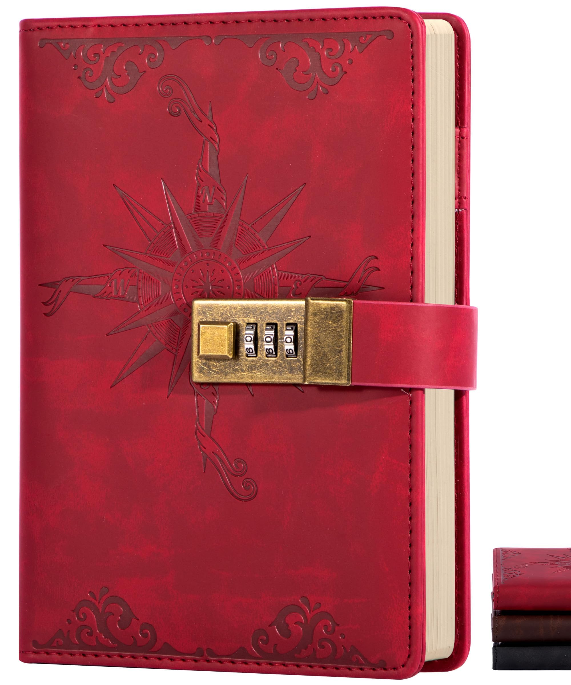 CAGIE Tagebuch Mit Schloss, 256 Seiten B6 Blanko Papier, Prägiertes Design | Tagebuch für Erwachsene, Vintage Notizbuch Leder Mit Code, Innentasche & Stifthalter, Rot