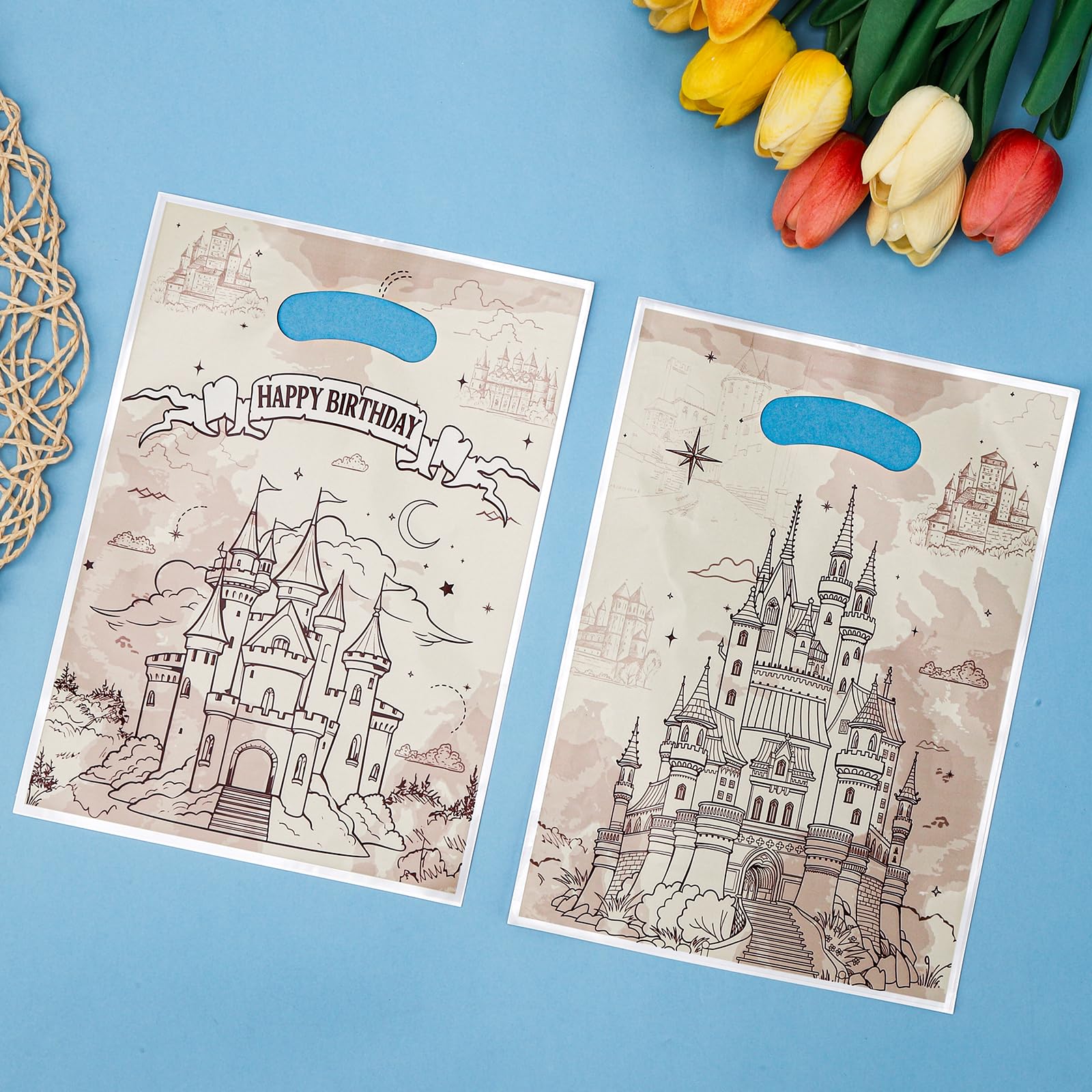 Mikzhskr 30Pcs Magical Wizard Party Favors Bags with Handle Plastic Waterproof Old Castle Themed Goodie Candy Snack Bag Gift Pack for Kids Birthday Decoration Supplies, 10 x 7 in
