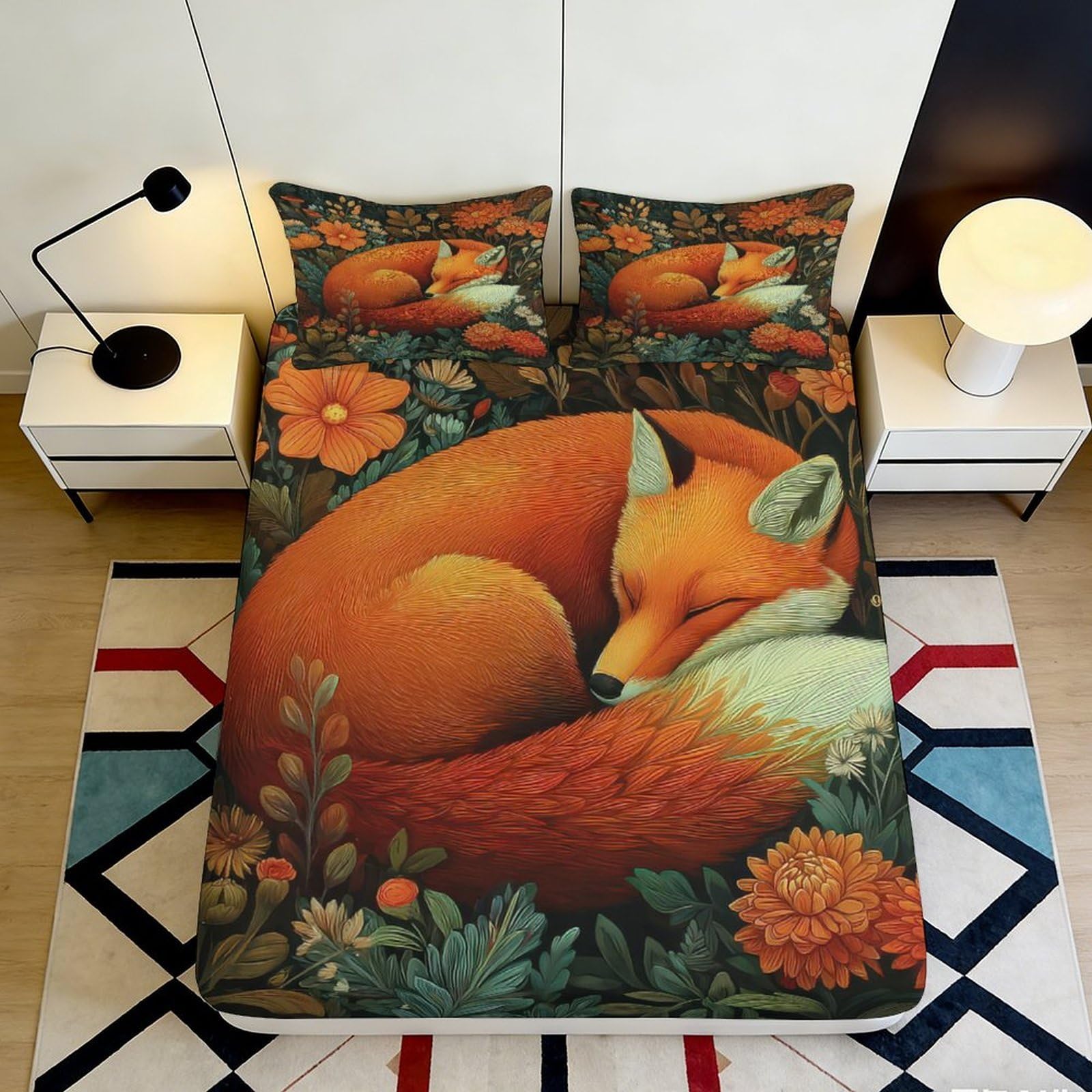3D Printed Fox Floral Fitted Sheet Microfiber Non-Slip Deep Pocket Fox Mattress Fitted Cover Elastic Hem Bedroom 200x200x25cm