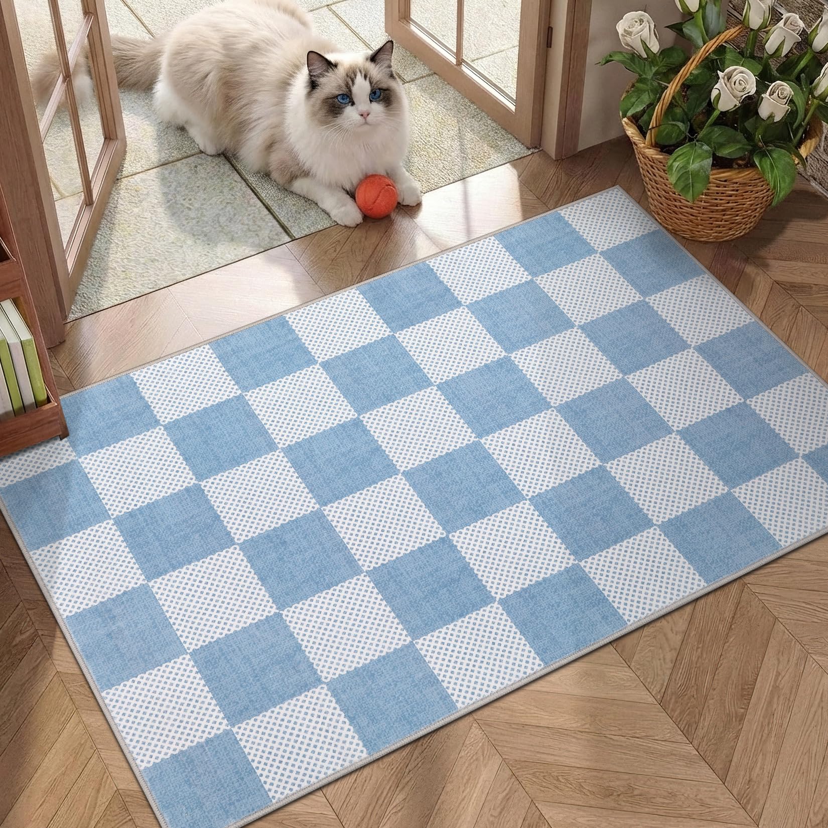 GarveeHome Checkered Light Blue 2x3 Washbale Rug Door Mat Geometric Diamond Dot Coastal Soft Low-Pile Small Rug for Bedroom Entryway Bathroom Kitchen