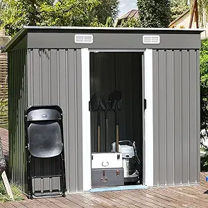 4ever2buy,8x4 FT Outdoor Storage Shed,Metal Sheds & Outdoor Storage with Sliding Doors,Steel Garden Shed Outdoor Utility Tool Shed with Pent Roof for Backyard Patio Lawn,Gray,8x4 shed