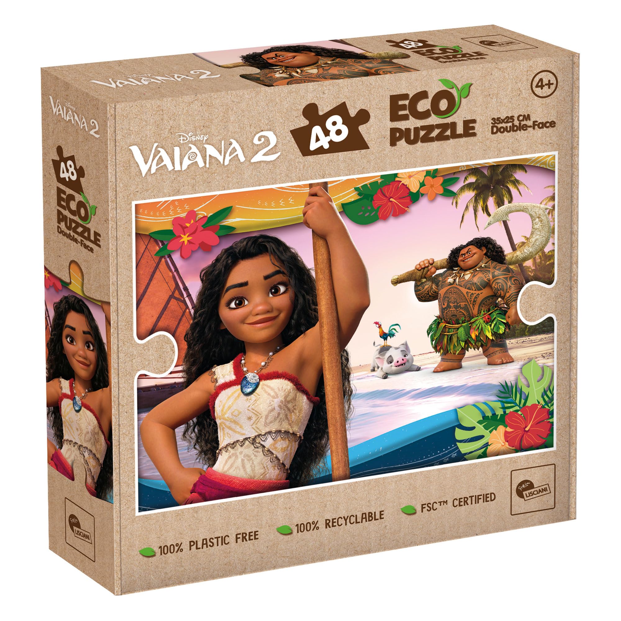 Lisciani - DISNEY VAIANA 2 Puzzle - 48 Piece Double Sided Puzzle for Children from 4 years - Colouring Back - Format 25x35 cm - Creative Activity Vaiana - 100% Recyclable - Birthday Gift Idea