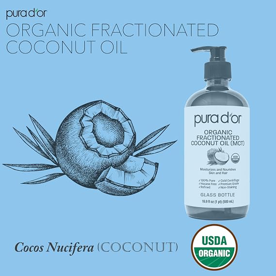 PURA D'OR ORGANIC Fractionated Coconut Oil MCT Oil (16.9 Oz GLASS BOTTLE) 100% Pure & Natural