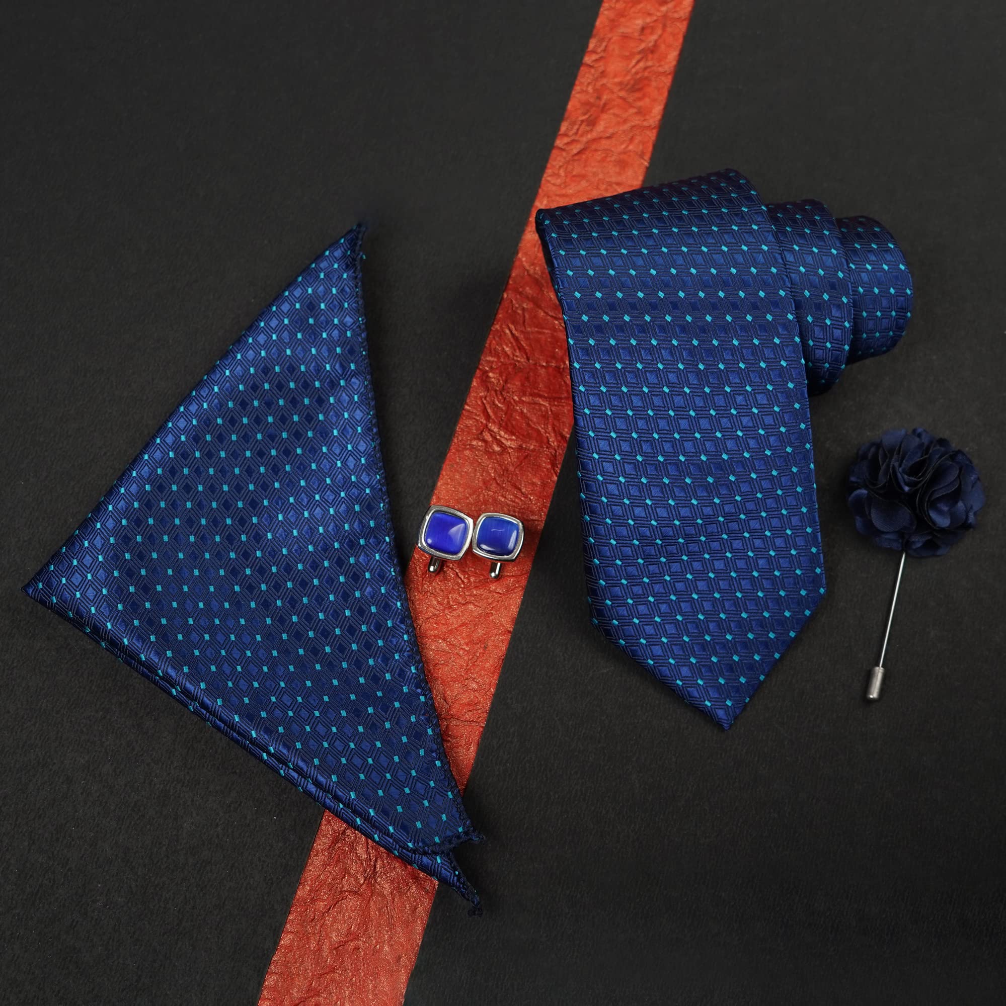 RIZORO Tie for Men – Dotted Silk Neck Ties Set with Cufflinks Flower Pin, Pocket Square & Black Gift Box, Combo Necktie Sets for Office Wear, Formal Suits & Weddings (Blue, A13BLRX) 4