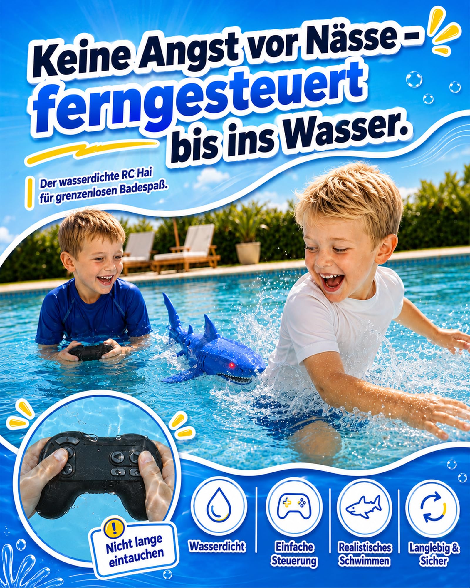 KOKODI Ferngesteuerter Robo-Hai für Kinder ab 3 Jahren – RC Wasserspielzeug mit Licht & Wasserdichter Fernbedienung, Sommerpoolspielzeug, Badespielzeug, Geburtstagsgeschenk Jungen Mädchen