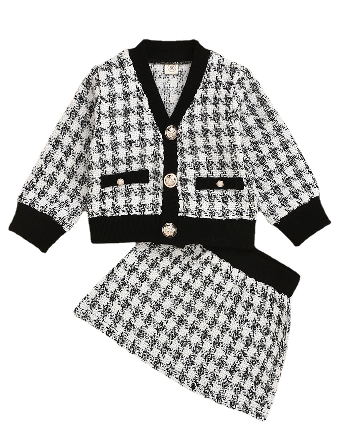 COOLOYA Toddler Girl's Plaid Two Piece Outfits Set V Neck Long Sleeve Cardigan & Mini Skirts