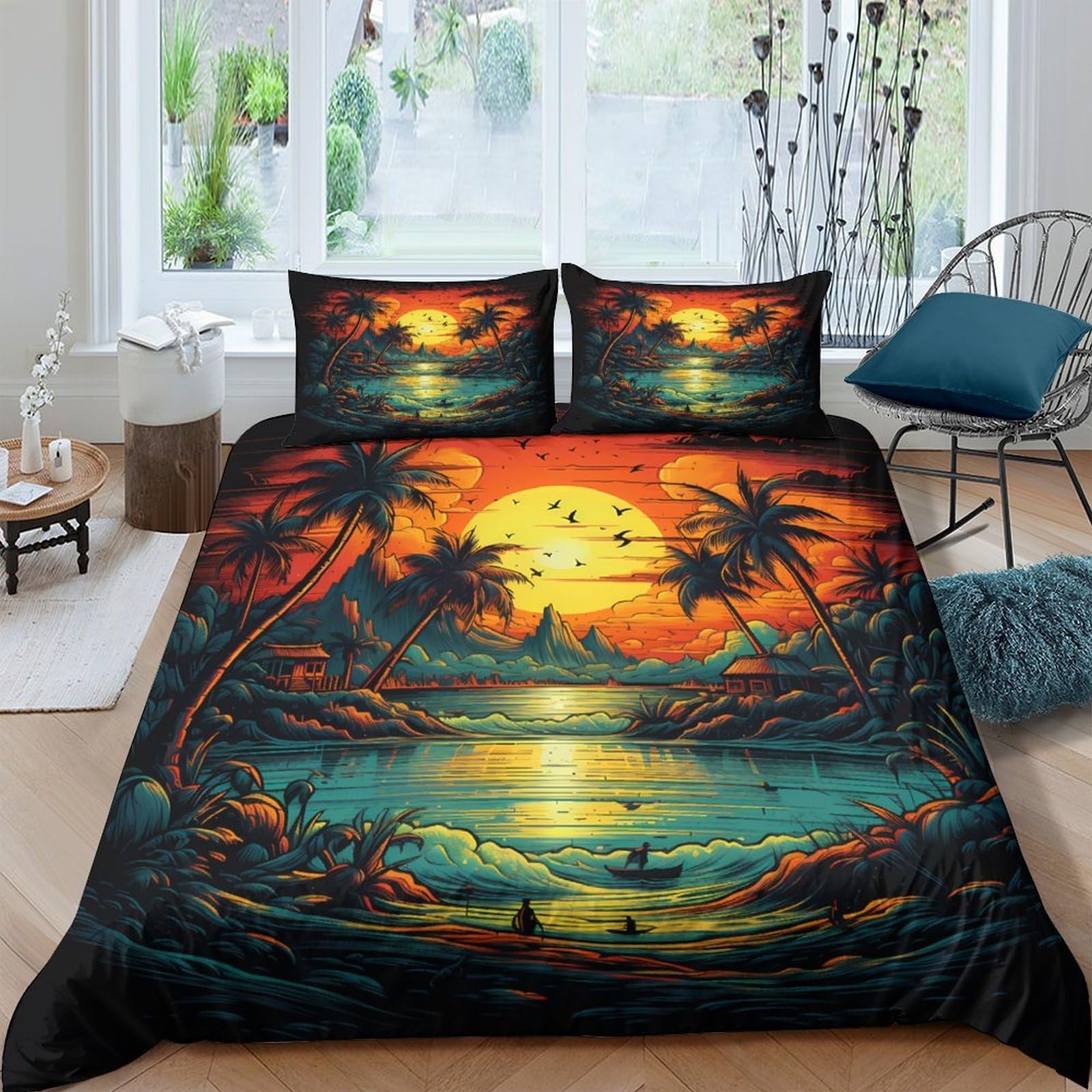 Ctjqhvkz Style-3 3D Printed Sunset Beach Fitted Sheet Microfiber Soft Breathable Tropical Palm Mattress Cover For Bedroom Decor Single（135X200cm）