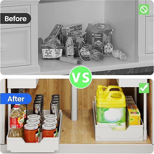 Miniatura 2 de Lovelyduo Paquete de 2 organizadores y almacenamiento en forma de L para debajo del fregadero, 2 niveles, organizador deslizante de cocina y baño,