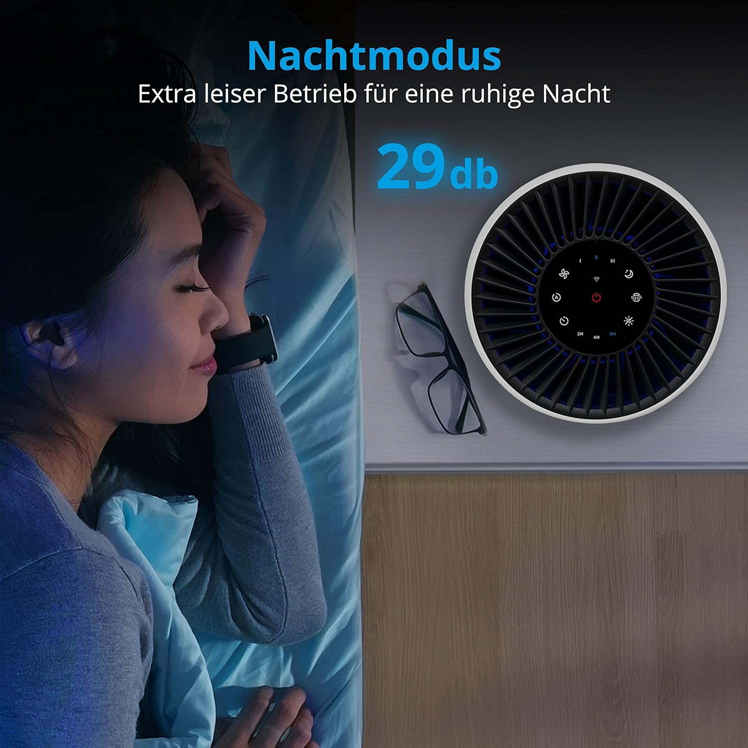 Air purifier in night mode with 29 dB noise level