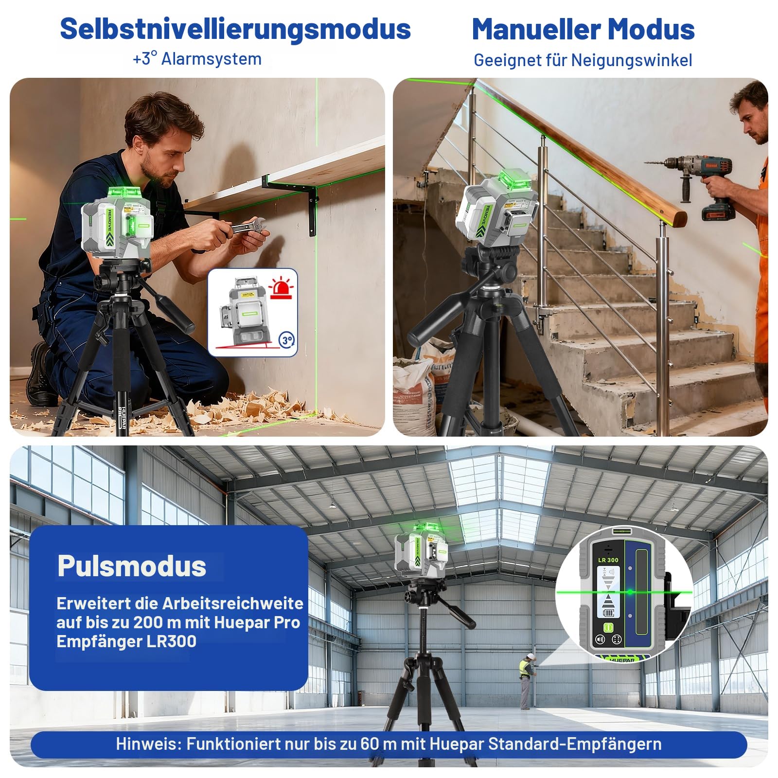 Huepar Pro Kreuzlinienlaser mit Stativ, 360 Laser Wasserwaage Selbstnivellierend Linienlaser Fernbedienung, 127 cm Stativ, 10 Stunden Arbeitszeit Wiederaufladbar, ±2mm hohe Genauigkeit Transportkoffer