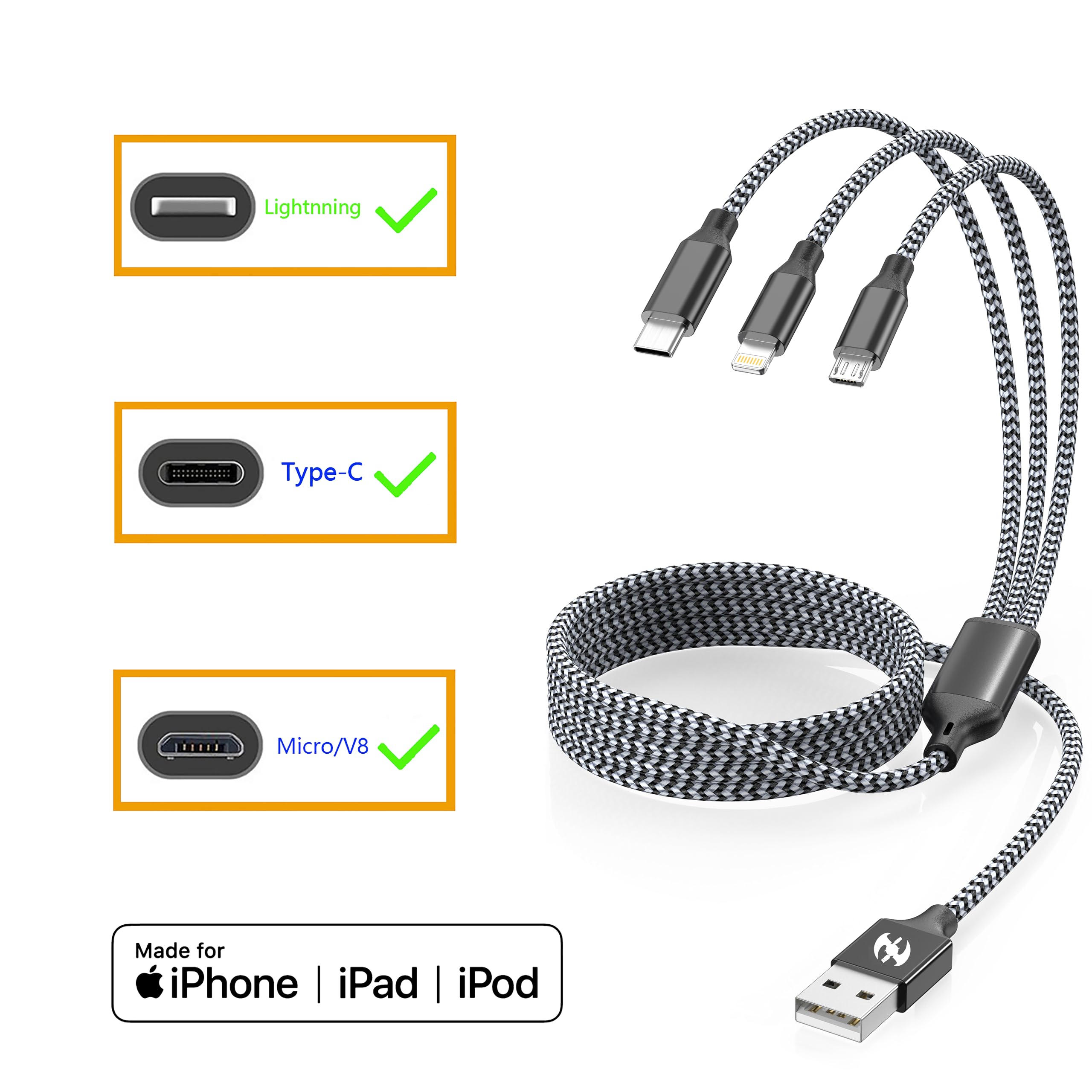 Cavo di ricarica multiplo lungo (3 m, 2 pezzi) Cavo di ricarica multiplo, cavo di ricarica rapido in nylon intrecciato, cavo di ricarica USB 3 in 1, cavo di ricarica multi telefono con connettori USB