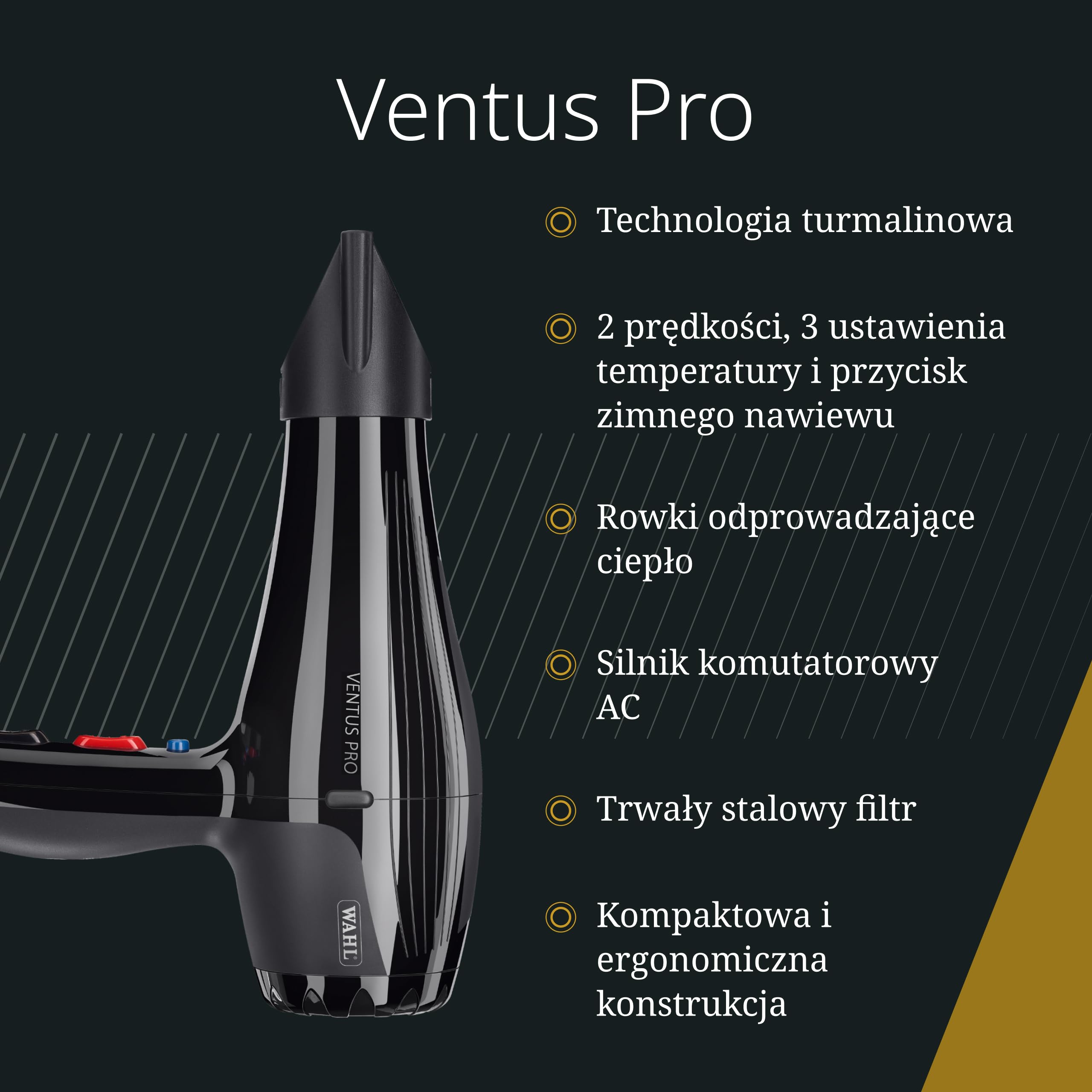 Moser Ventus Pro Kompaktowa Profesjonalna Suszarka, 2200 W | Kompaktowa Suszarka 2200 W z Silnikiem AC, Technologia Turmalinowa, 2 Prędkości i 2 Nasadki Obrotowe