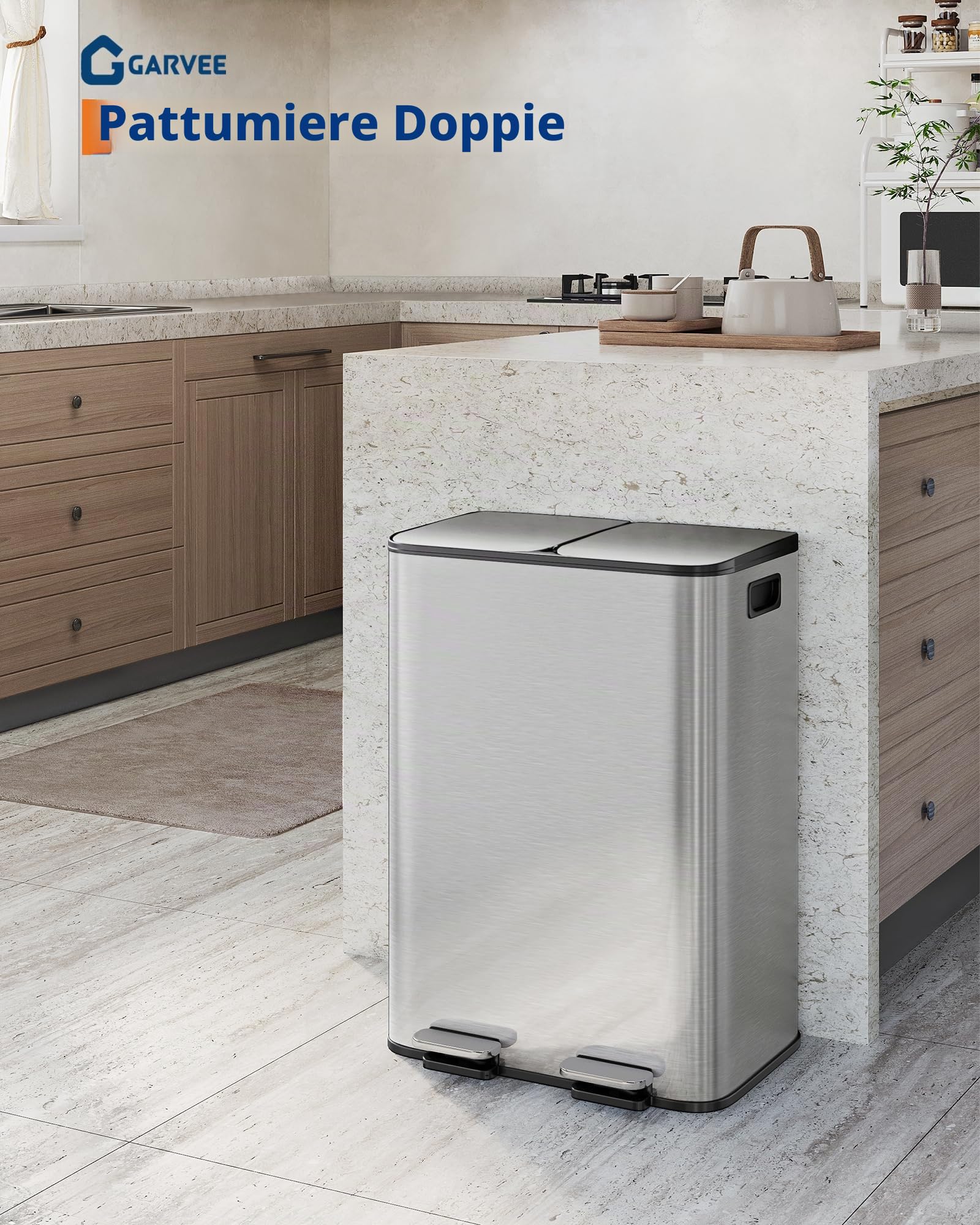 Pattumiera doppia cucina con pedale – Acciaio inox – Coperchio soft-close – Secchi interni rimovibili – Raccolta rifiuti e riciclaggio – Argento, 2x30L