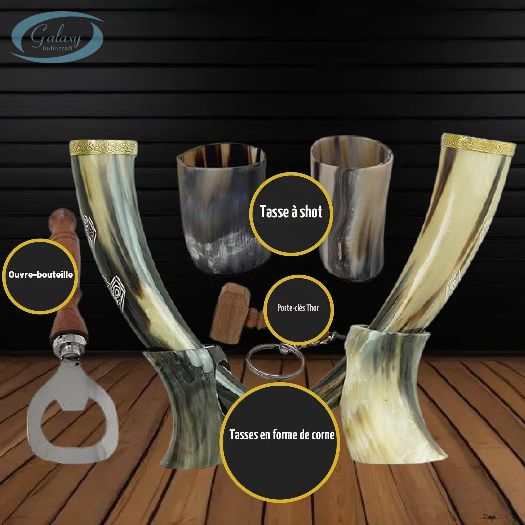 Viking Corne de bœuf | Chope | Tasse | Tasse pour bière, hydromel, vin, verre à liqueur, décapsuleur | 100 % sans fuite | Naturel et fait à la main | Offres combinées (2 cornes)