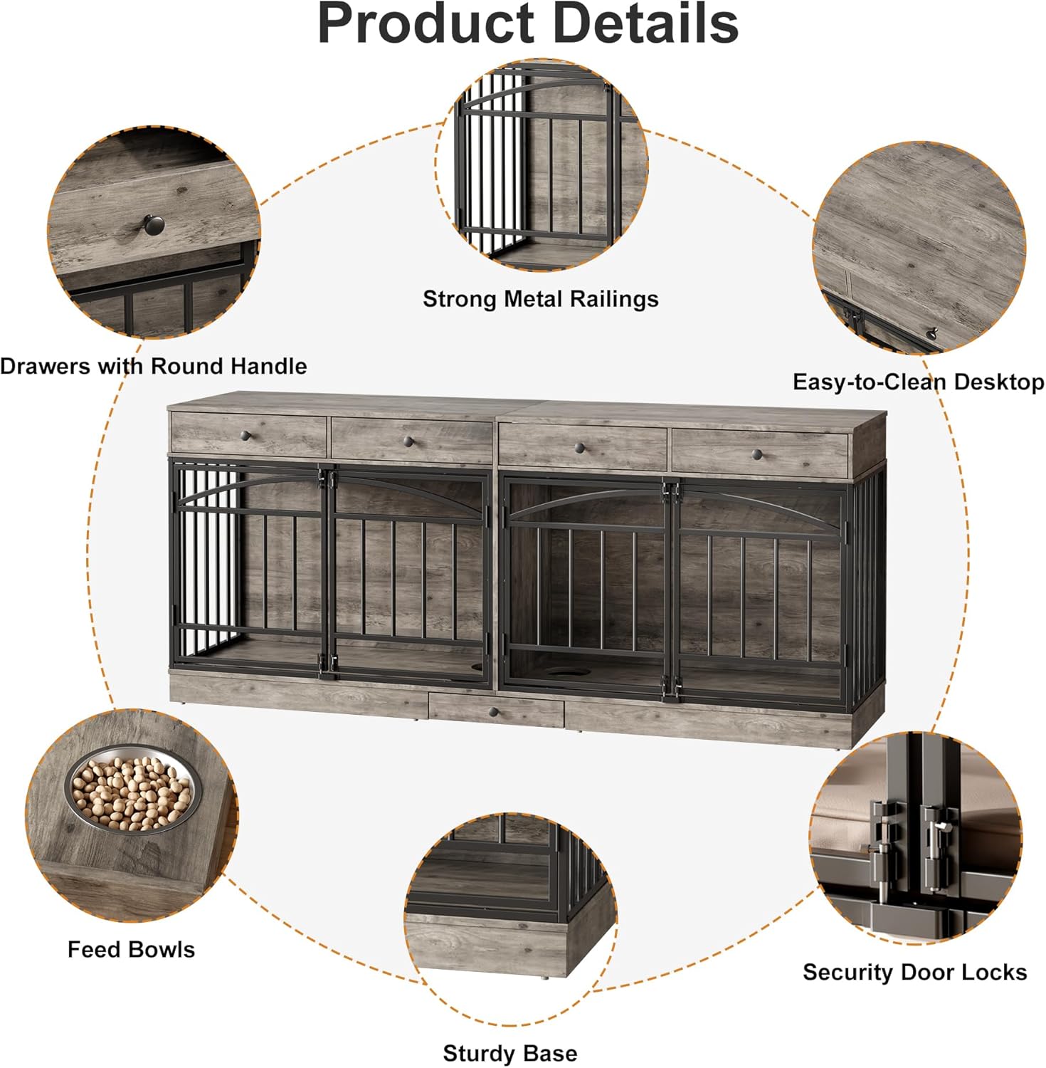 IDEALHOUSE 78.7" Double Dog Crate Furniture with Storage and 4 Doors, Dog Kennel Indoor with Feeding Bowls, Wood Dog Crate TV Stand for Small Medium Dogs, Grey