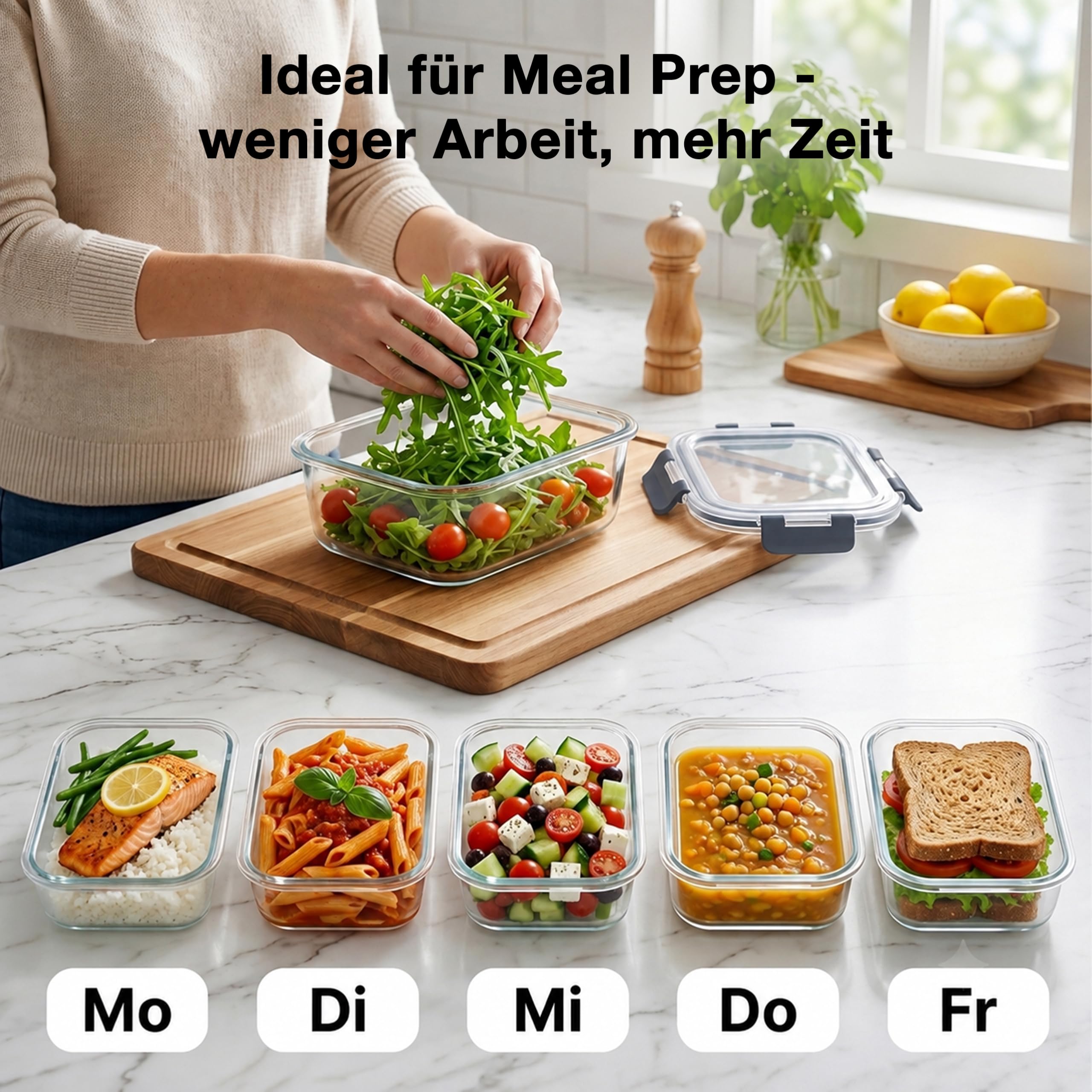 Haushaltszauber Set di contenitori in vetro, ermetici, con coperchio, per cucina, scorte e Meal Prep (set da 12 pezzi, rotondi, quadrati e rettangolari)