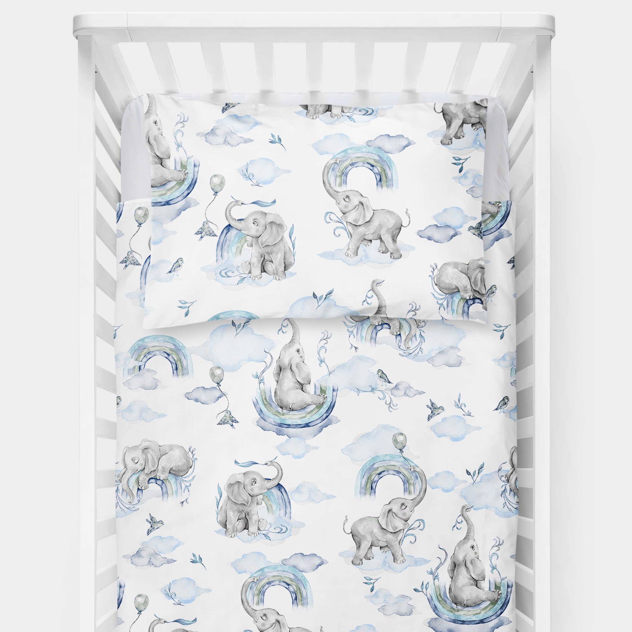 Baby Comfort 4 Piece Toddler Kids Cot Bed Set 120x90 cm Duvet Pillow Duvet Cover Pillowcase 12M+ (Blue Elephants)