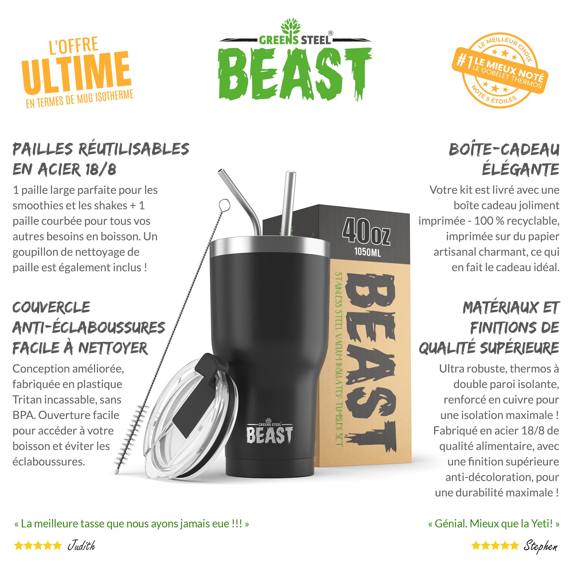 Beast Tumbler – 1050 ml (40 oz), Noir Matt | Gobelet isotherme en acier inoxydable réutilisable | Avec 2 pailles et brosse de nettoyage | Double paroi, idéal pour café chaud ou glacé | Sans BPA - 3