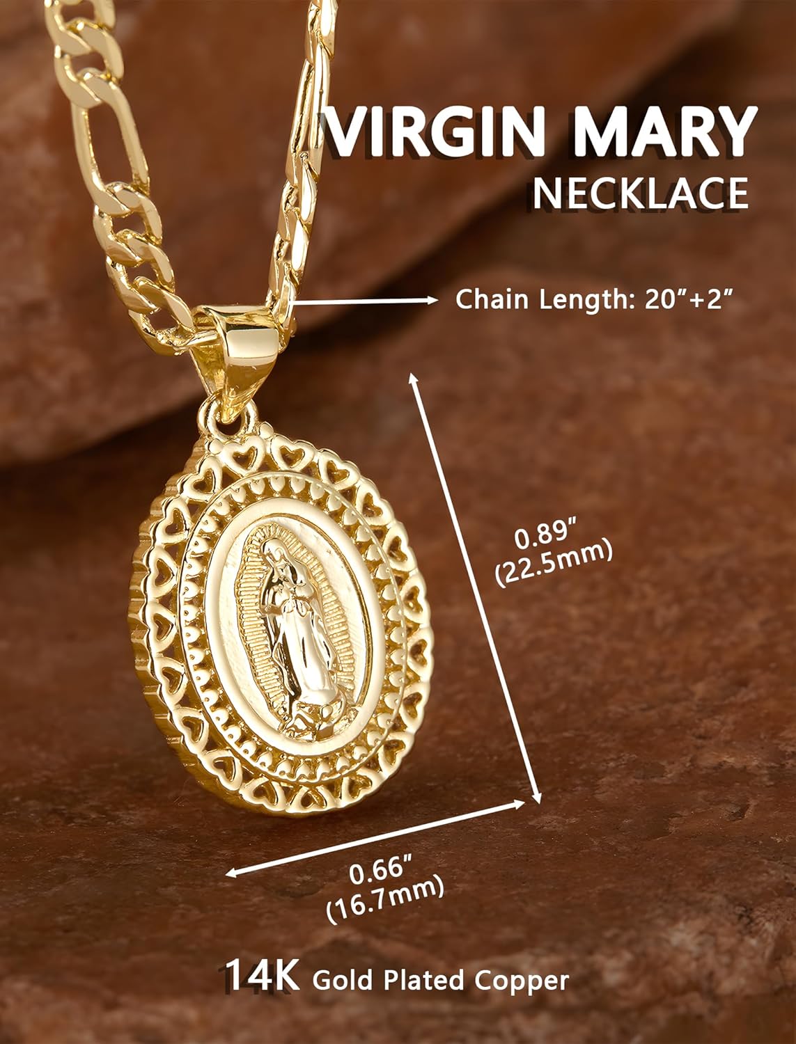 Virgin Mary Necklace for Women, 14K Gold Plated Copper Virgen de Guadalupe Charm Pendant, Valentine Mother's Day Our Lady Blessed Christian Catholic Gifts for Her with Jewelry Box Figaro Chain - Image 4