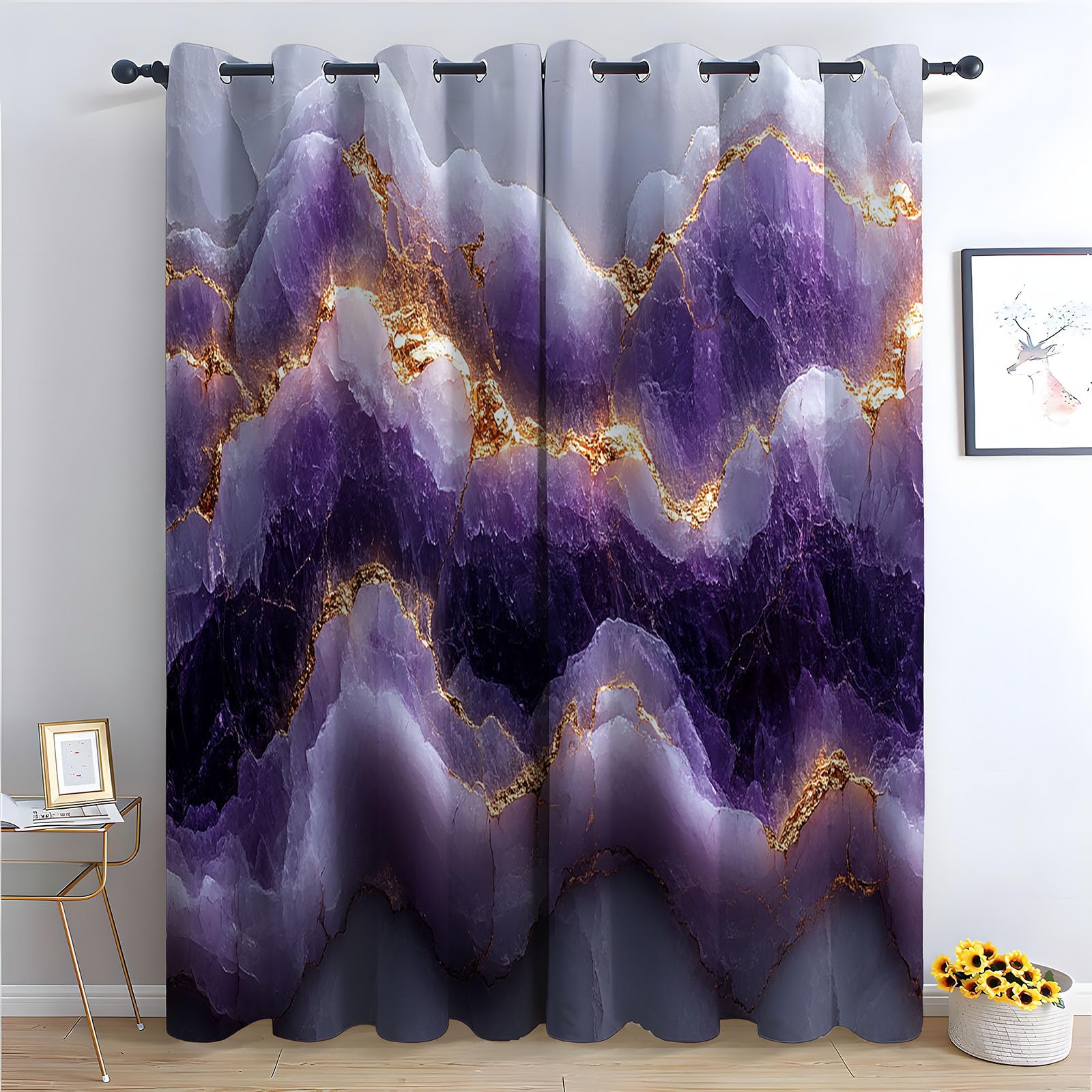 Abstrakt Vorhänge Blickdicht Gardinen Tiefpurpurne Kristall-Goldtextur Modern Wellen Blumen Vorhang Verdunklungsvorhänge für Schlafzimmer Wohnzimmer Fenster-H180 x B100 cm (2er Pack)