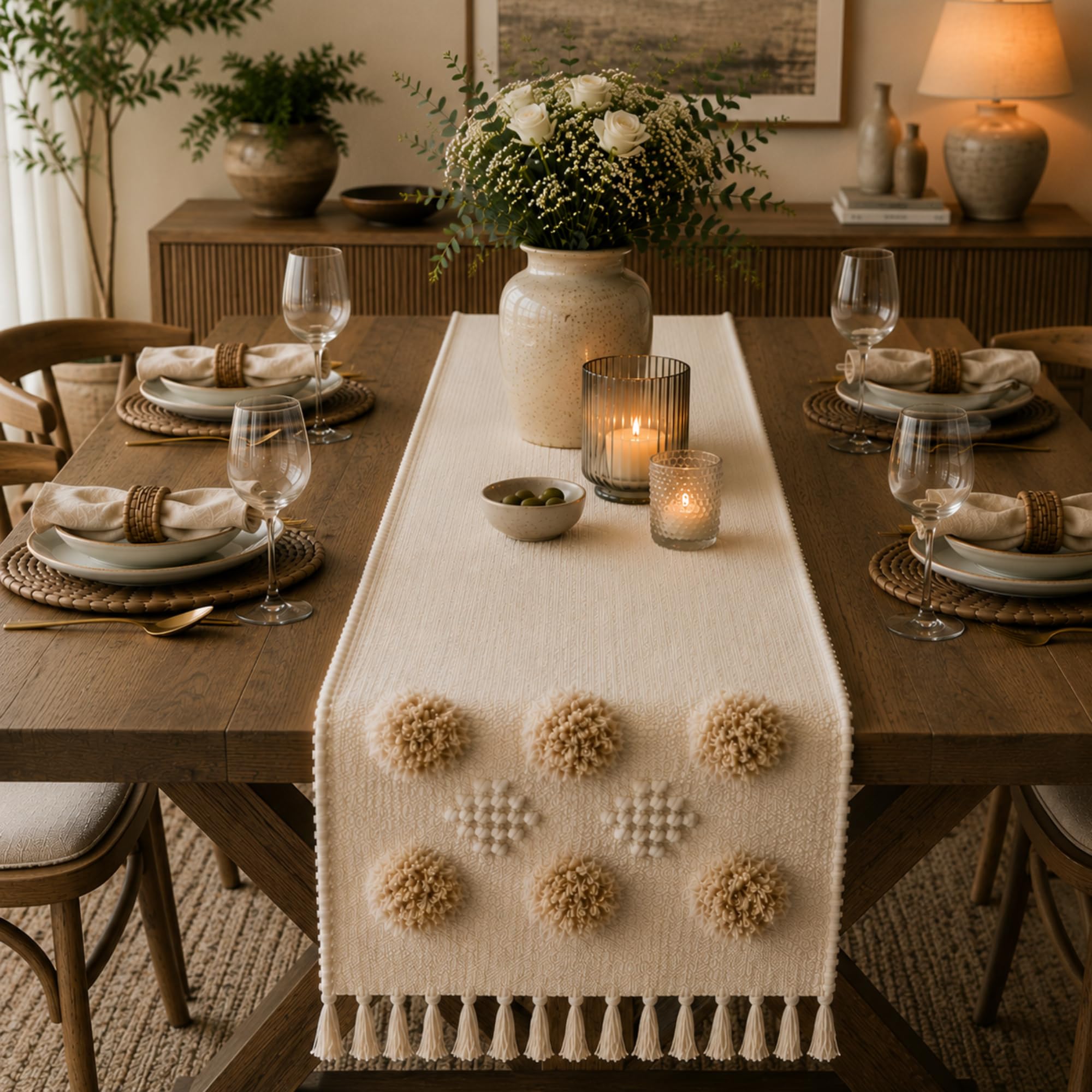 Elegant Cotton Table Runner - Beige Striped -11