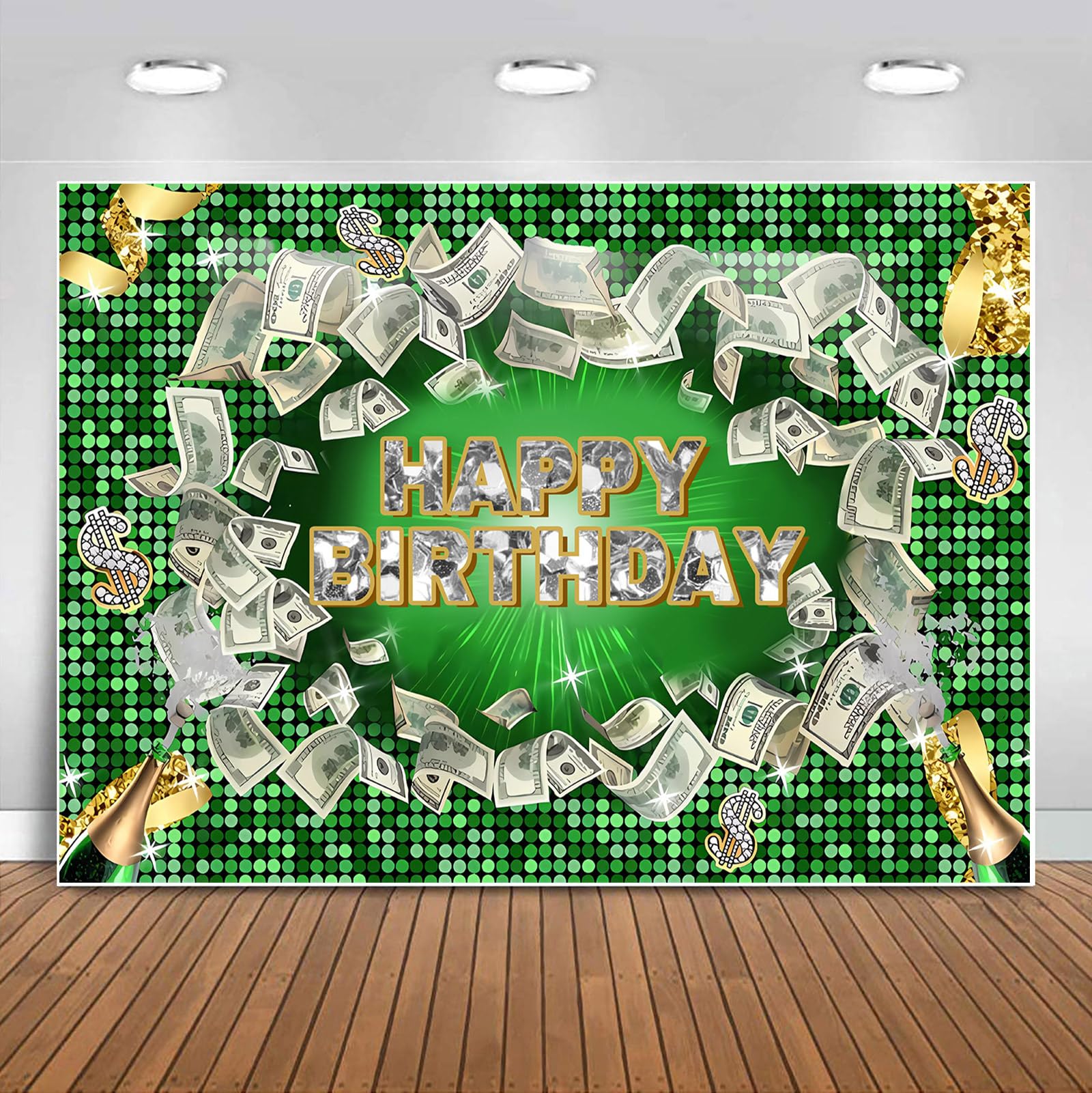 Sensfun Money Backdrop Money Birthday Party Decorations Green Gold Dollar Bill Cash Photography Background for Men Women Casino Buchona Themed Happy