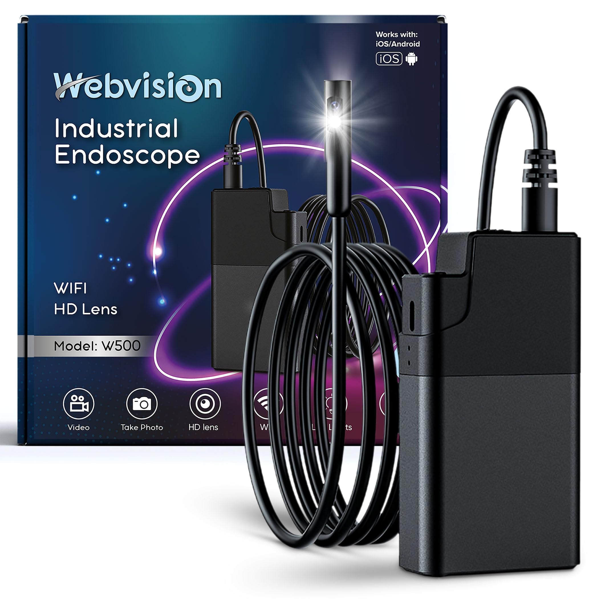 Qimic 1080p HD endoscoopcamera met dubbele lens voor mobiele telefoon, geen wifi nodig, IP67 waterdicht, 8 1 leds, halfstijve kabel voor Android en iPhone, iPad, zwart (5 m
