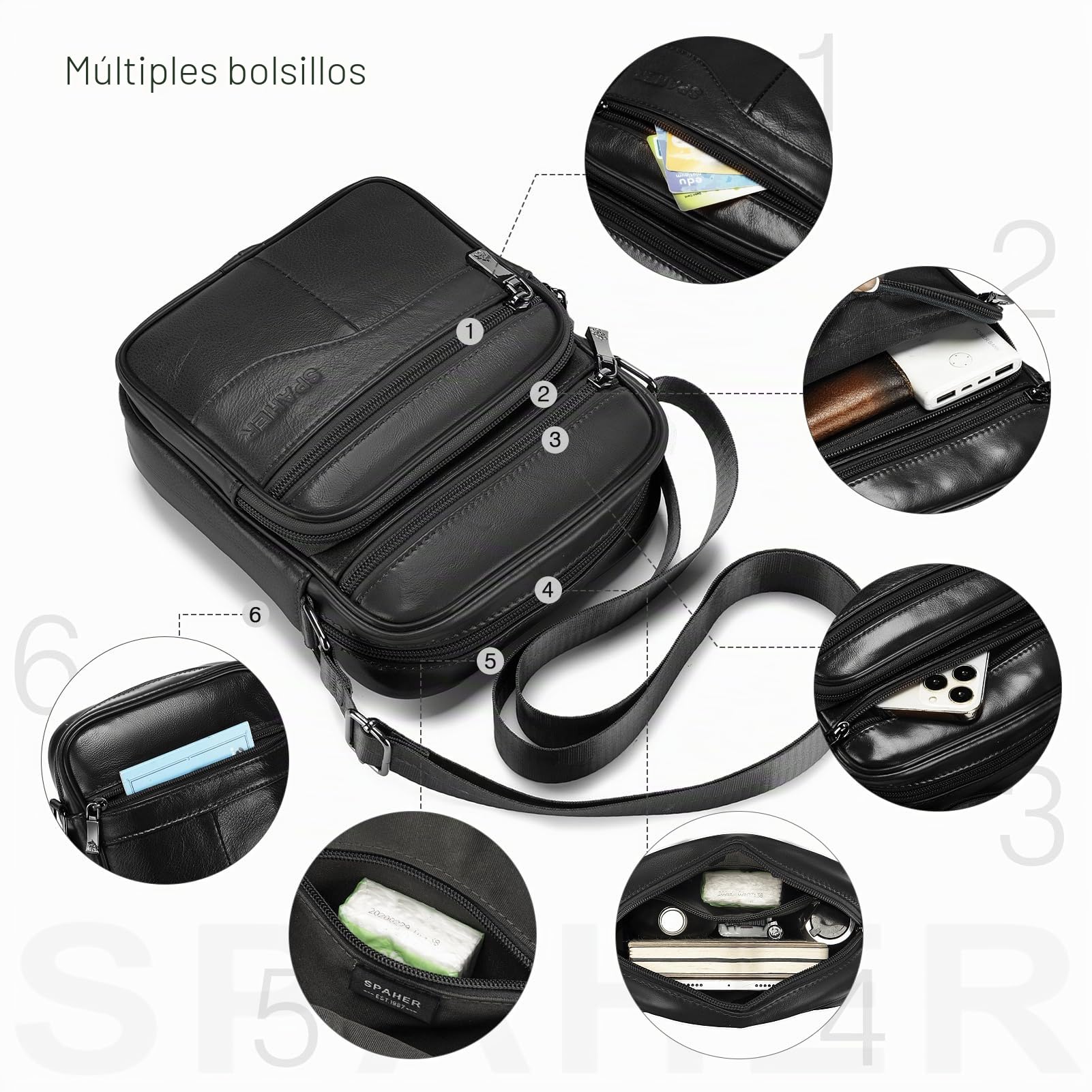 SPAHER - Bolso bandolera para hombre, bandolera, de piel Veritable, pequeño bandolera, para hombre, bolso, negocios, vintage, mochilas usadas, fundas multifuncionales, bolsos de mano de viaje