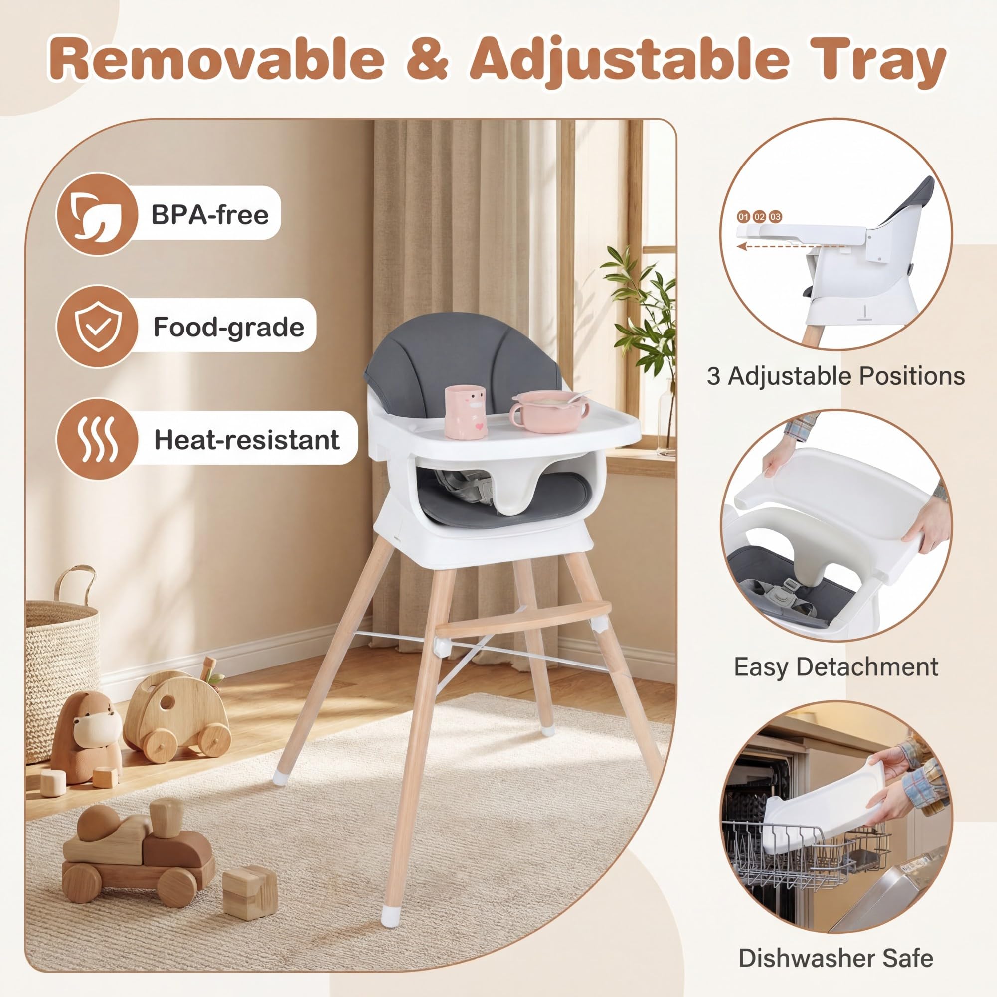 LIFEZEAL Trona para Bebés y Niños Pequeños, Trona Infantil Multifuncional de Madera Maciza, con Reposapiés y Bandeja Ajustables, Equipada con Cinturón de Seguridad, Apta para Bebés de 6 a 36 Meses