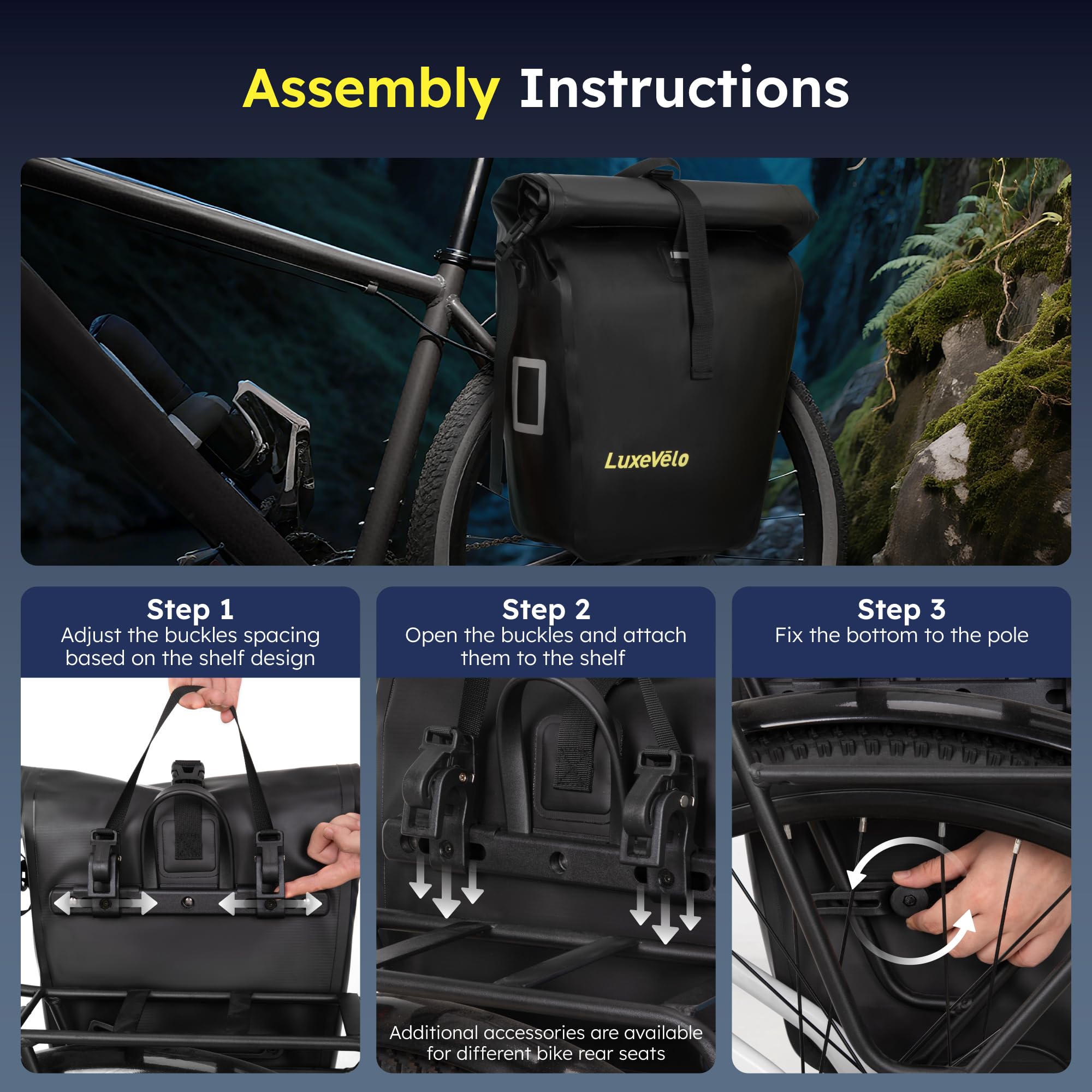 Bike Pannier, Waterproof 27L Pannier Bike Bag with Removable Shoulder Strap, Reflective Safety Design, Adjustable Clips Fit All Bike Racks, Bicycle Pannier for Cycling Commuting Travel