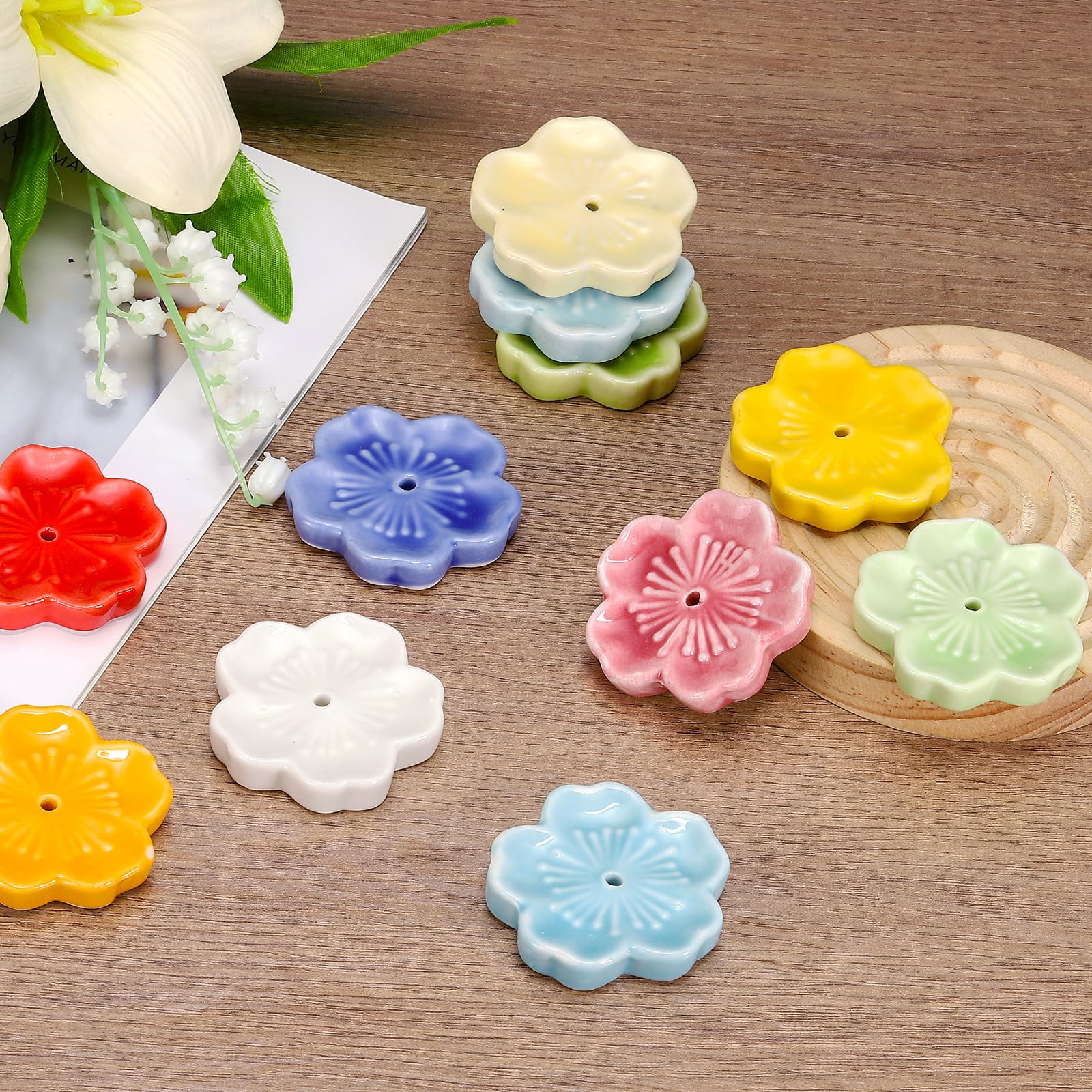 QUARKZMAN 8Pcs Porta Incenso In Ceramica Fiori Di Ciliegio 1.8"x1.8"x0.35" Porta Bacchette Incenso Decorazione Per Casa Ufficio Aromaterapia Giallo