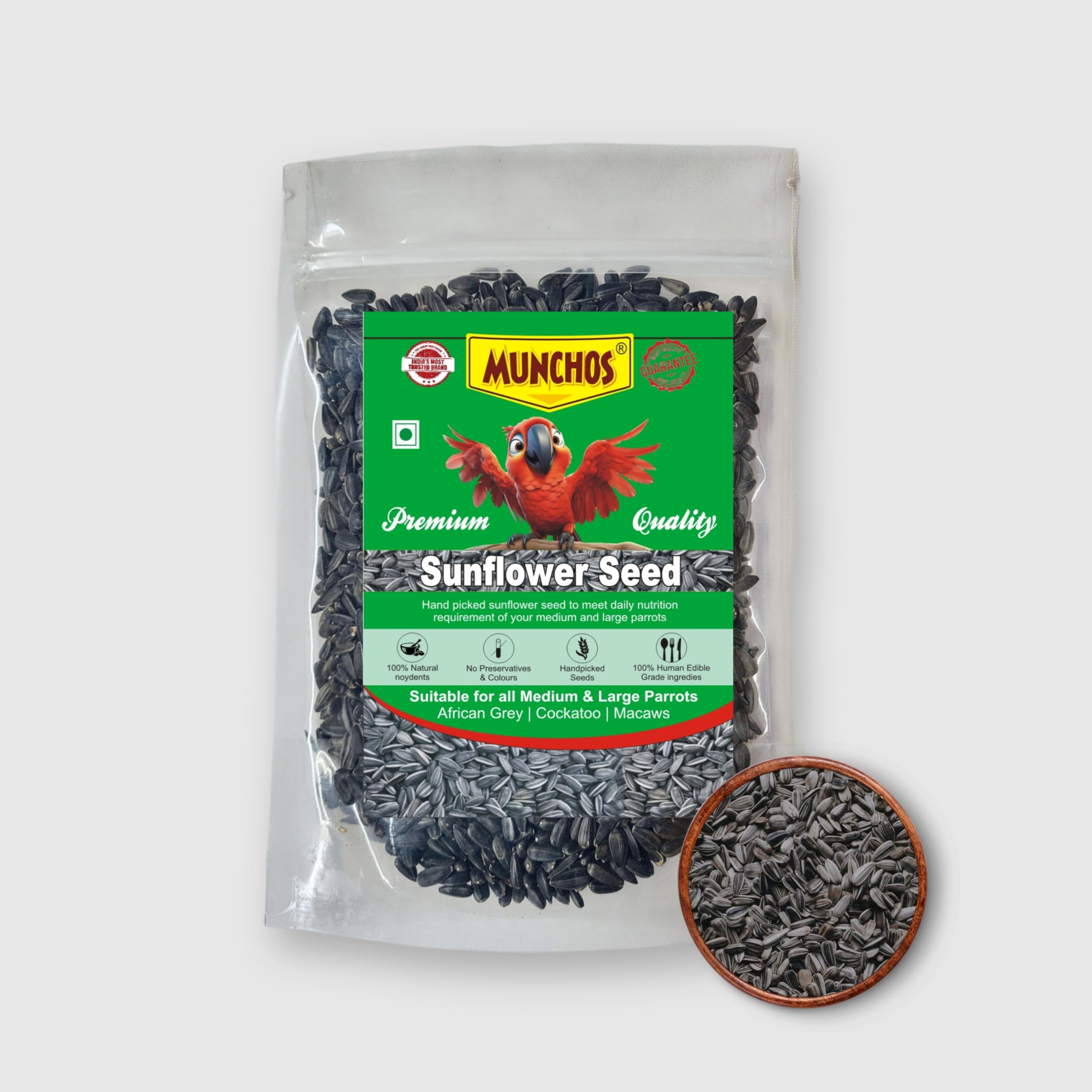 MUNCHOS Premium Sunflower Seeds for African Grey, Cockatoo, and Macaws, Medium & Large Parrots, Bird Feed, Pack of 450g-image-6
