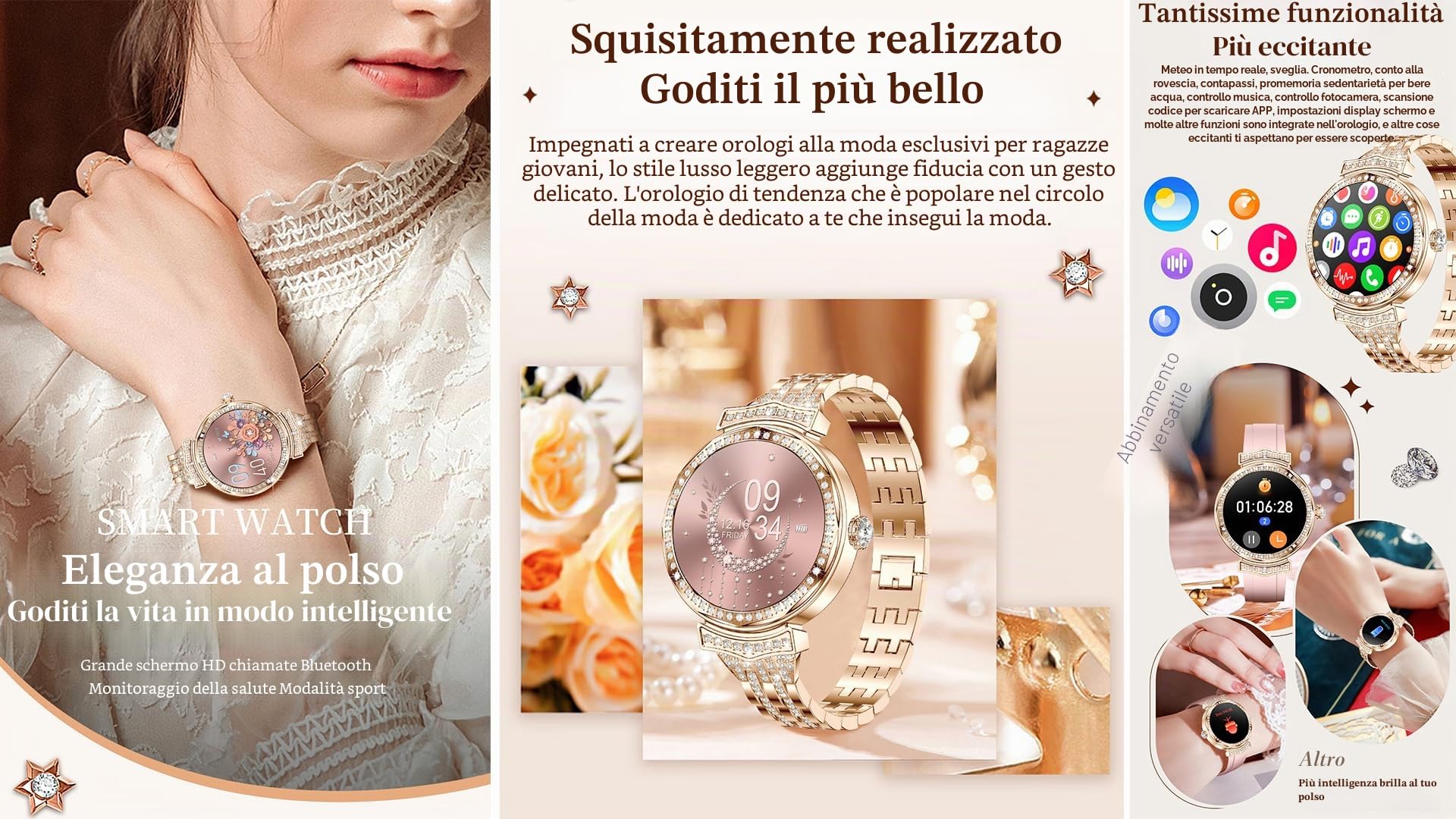 1,32" AMOLED Diamanti Smartwatch Donna Chiamata Bluetooth e Risposta Vivavoce, Orologio Fitness Intelligente con Cardiofrequenzimetro,Pressione Sanguigna,SpO2, Smartwatch per Android iOS (Argento)