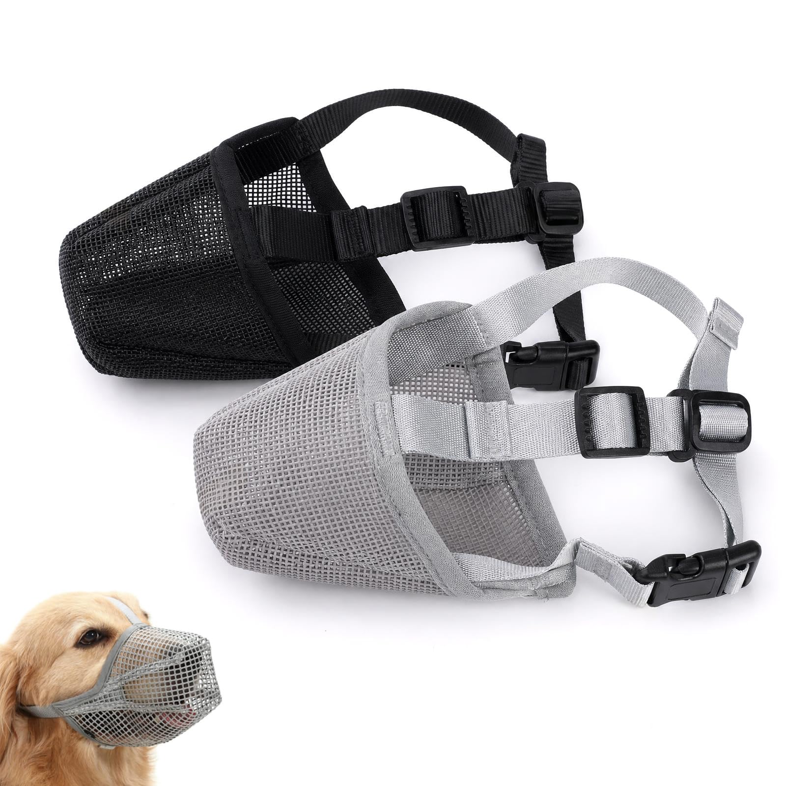 Dog Muzzle 2 Pack, Mesh Soft Muzzle for Medium Dogs, Adjustable 22-26cm Snout Circumference, Dogs can Pant and Drink, Prevent Biting Chewing and Barking, Black & Grey M Size Dog Mouth Guard