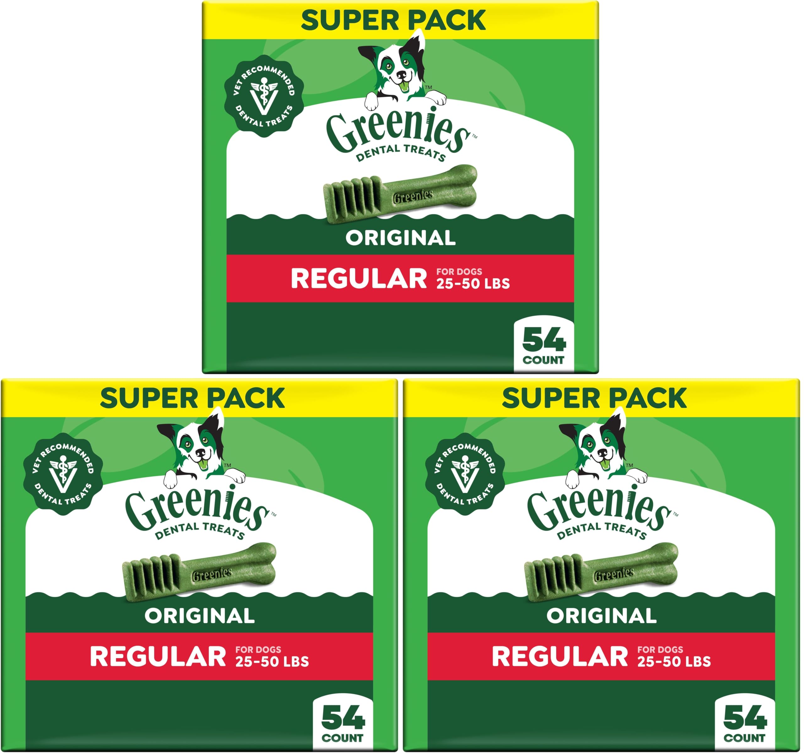 Greenies Veterinarian-Recommended Adult Natural Dental Dog Treats Regular Size, Dog Dental Chews, Original Flavor, 54 oz. Pack, 54 Count (Pack of 3)