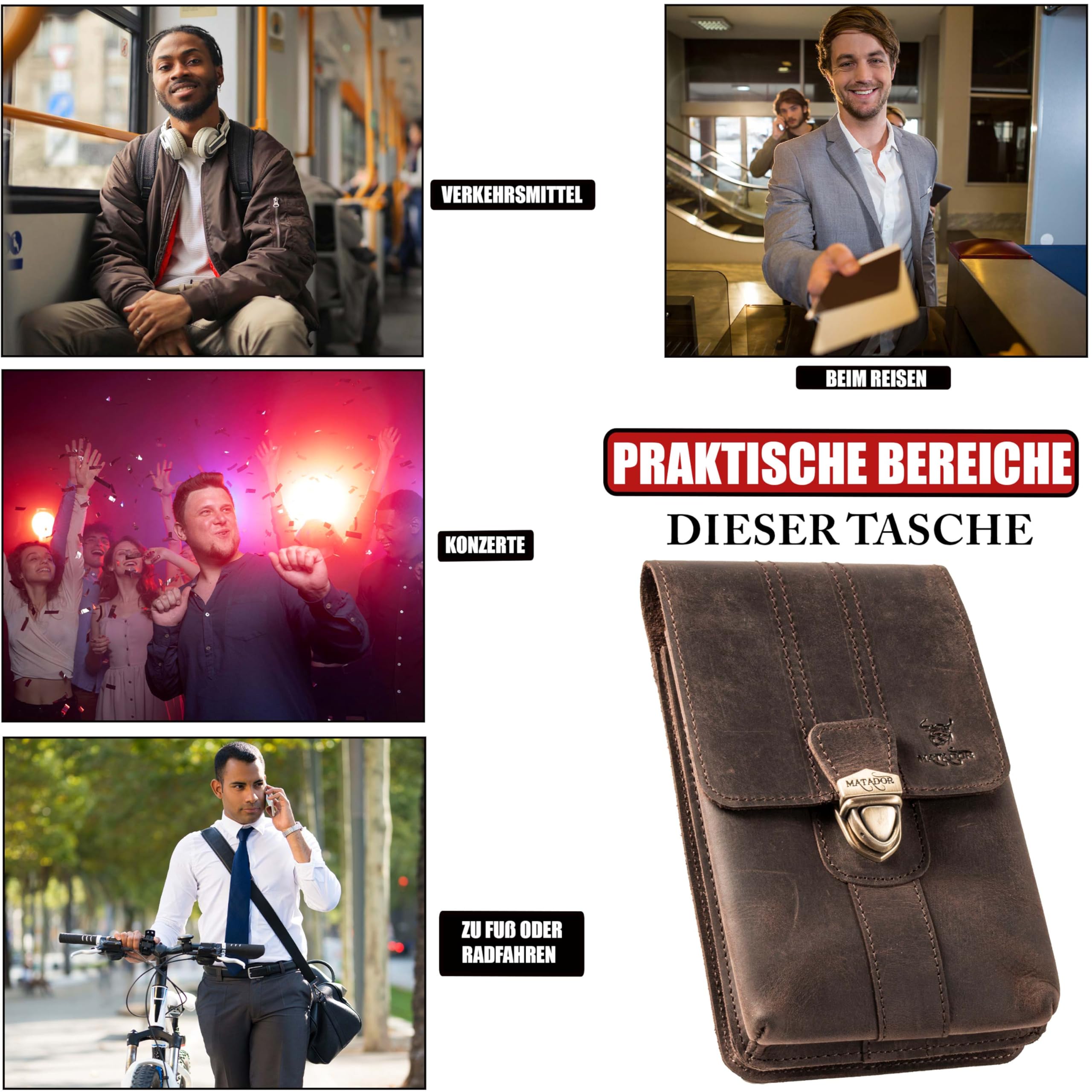 MATADOR Malaga XL - Sac banane en cuir pour homme - Spacieux avec double compartiment - Élégant pour smartphone jusqu'à 7,5" - Marron foncé, xl