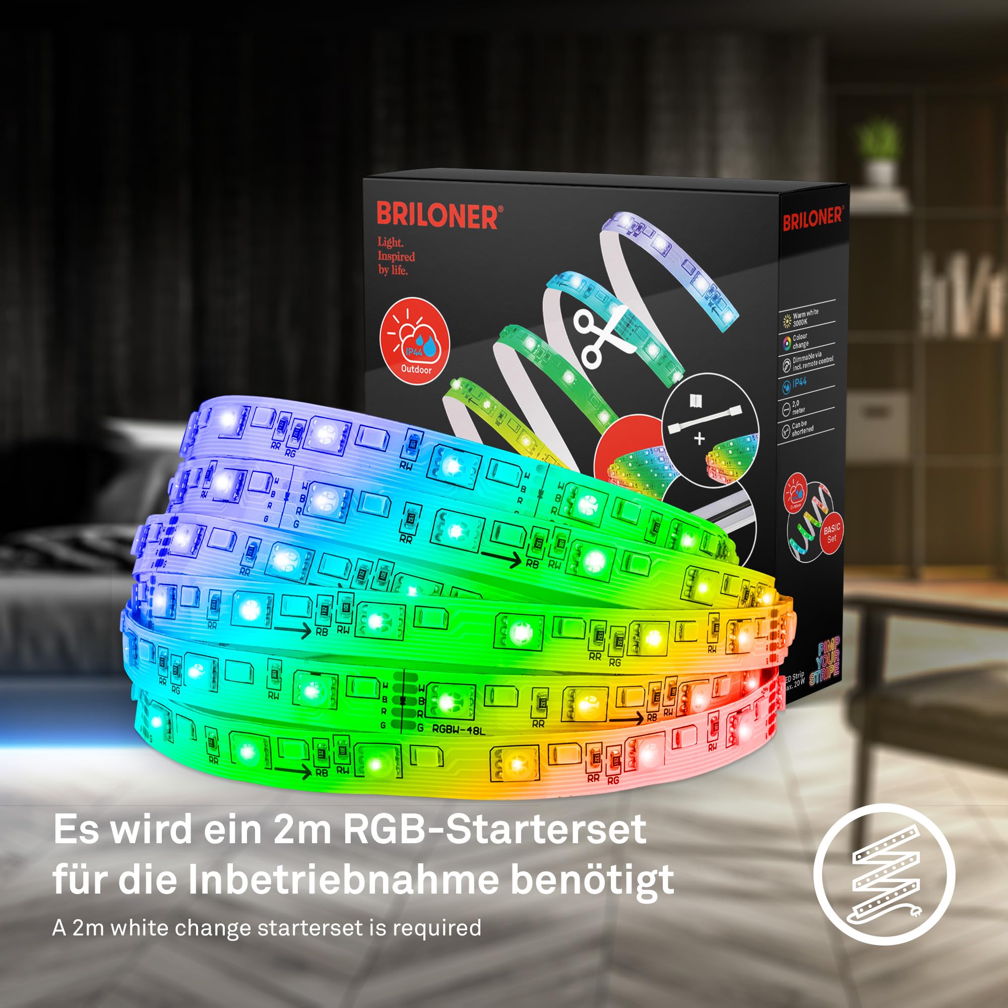 Briloner, Your Stripe LED Strip Extension Set 4 m, IP44 Splash Protection, dimmable, Color programmes, RGB Colorful - Image 2