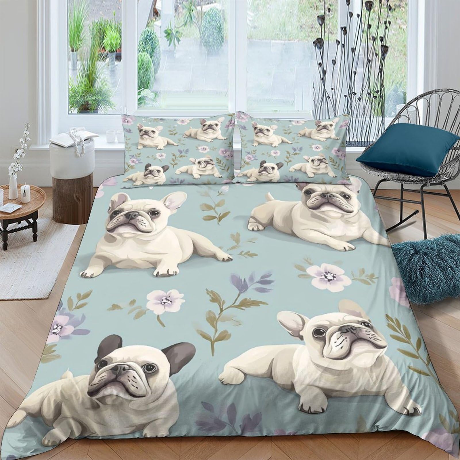 Ctjqhvkz Style-4 3D Printed French Bulldog Fitted Sheet Microfiber Floral Mattress Cover For Bedroom Guest Room Decor Anti-Slip Easy Care Single（135X200cm）